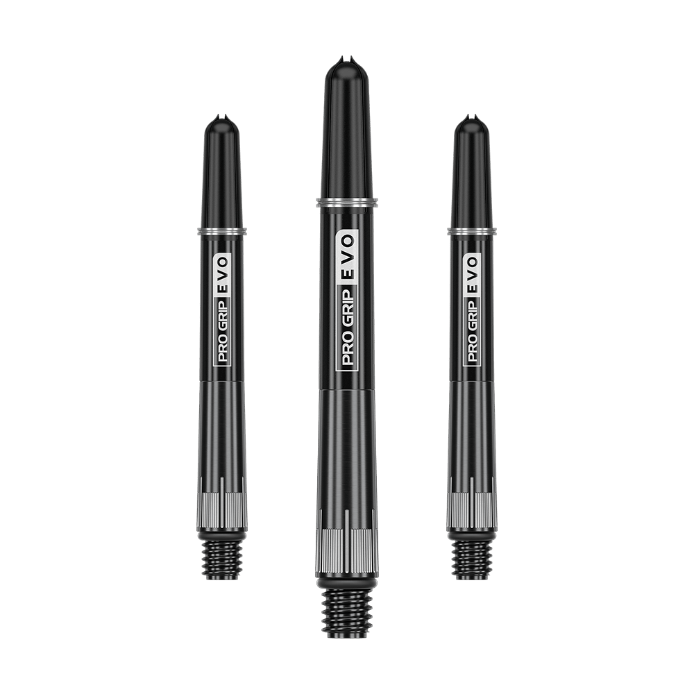 Target Pro Grip EVO Raymond Van Barneveld Chrono Titanium Shafts Auf dem Bild sind drei schwarze Dartschäfte mit der Aufschrift "PRO GRIP EVO" zu sehen. Sie sind aus Metall gefertigt und haben ein schraubbares Ende.