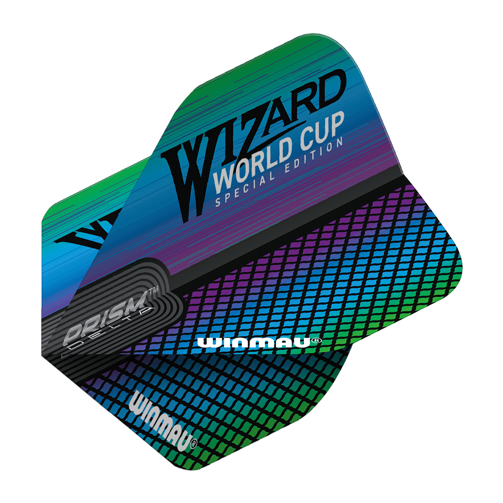 6915-253_Winmau_Prism_Delta_Wizard_Rainbow_Standard_Flights_27P8YnQwFXJtFJ Das Bild zeigt die Winmau Prism Delta Wizard Rainbow Standard Flights mit einem bunten, regenbogenfarbenen Design. Auf den Flights steht "WIZARD WORLD CUP SPECIAL EDITION" und das Winmau-Logo ist ebenfalls sichtbar.