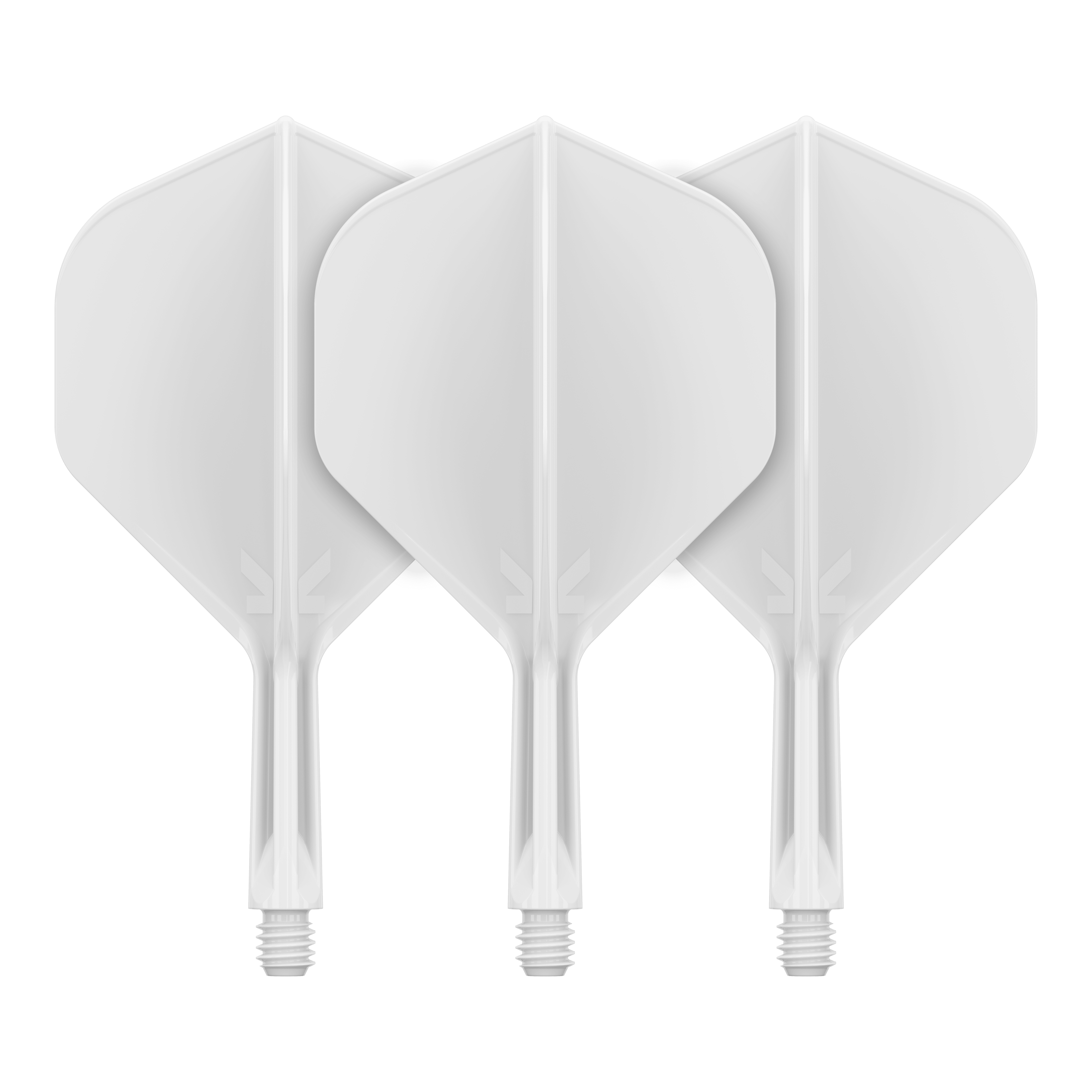 Target K-Flex No2 Standard Flight System - White Auf dem Bild sind drei weiße Dartflights mit integrierten Schäften zu sehen. Sie sind nebeneinander angeordnet und haben eine standardmäßige, breite Form.