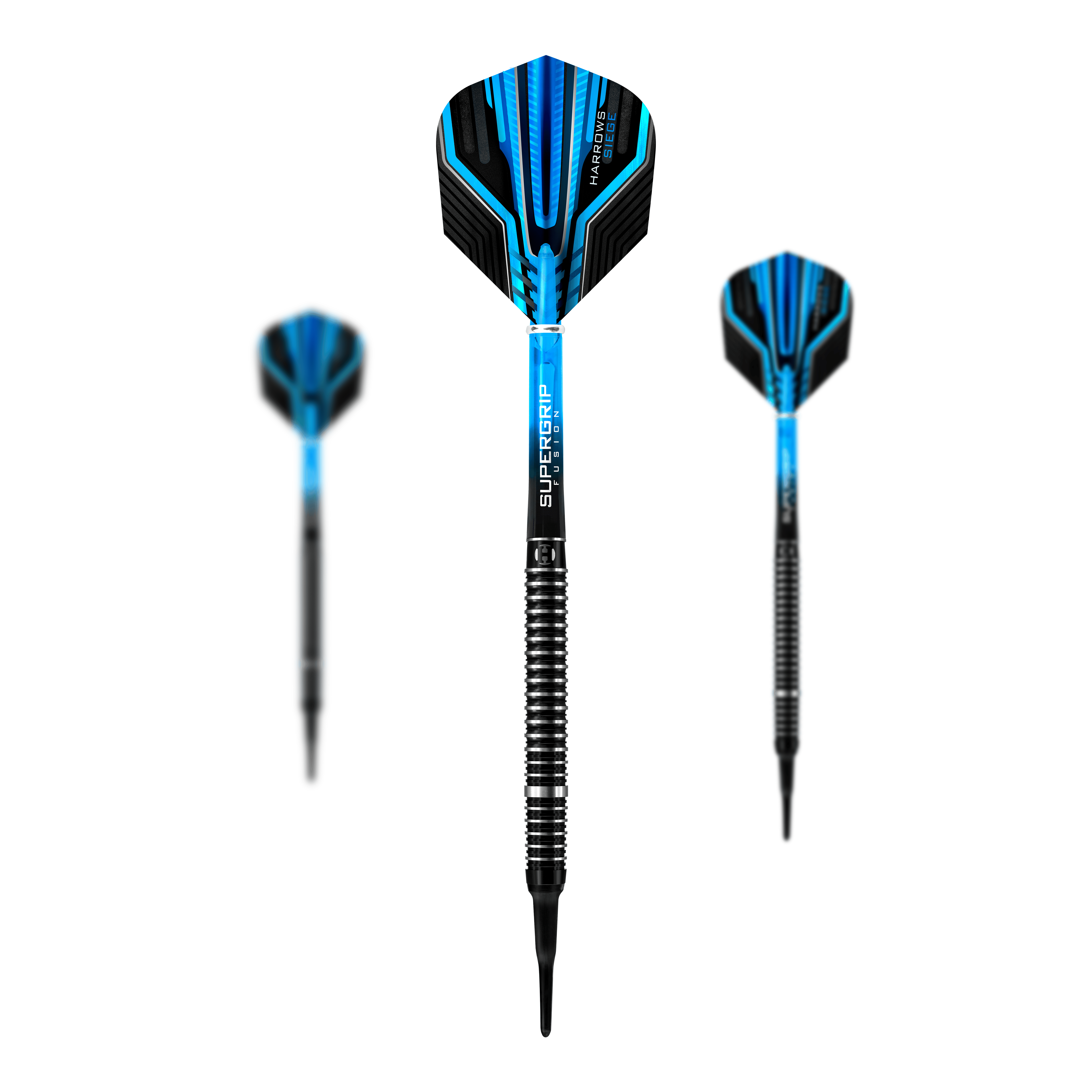 Harrows Siege Softdarts Das Bild zeigt drei Softdarts des Modells "Harrows Siege" mit blauen und schwarzen Flights. Die Spitzen sind schwarz und die Schächte haben ein silber-schwarzes Ringmuster für besseren Halt.