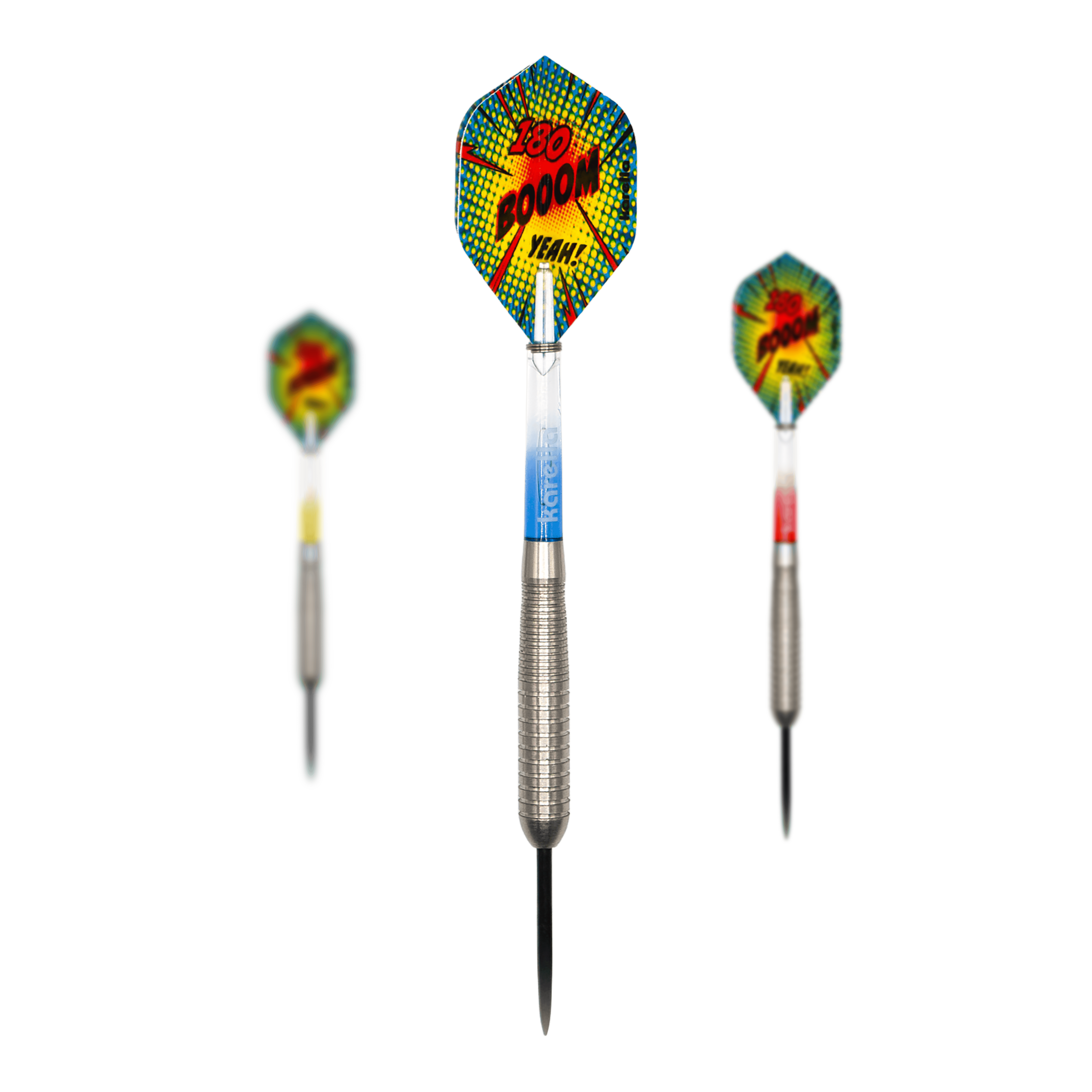 Zu sehen ist ein Set der Karella Comic Line CL-4 Steeldarts - 23g. Das Set eignet sich für Einsteiger und fortgeschrittene Spieler.
