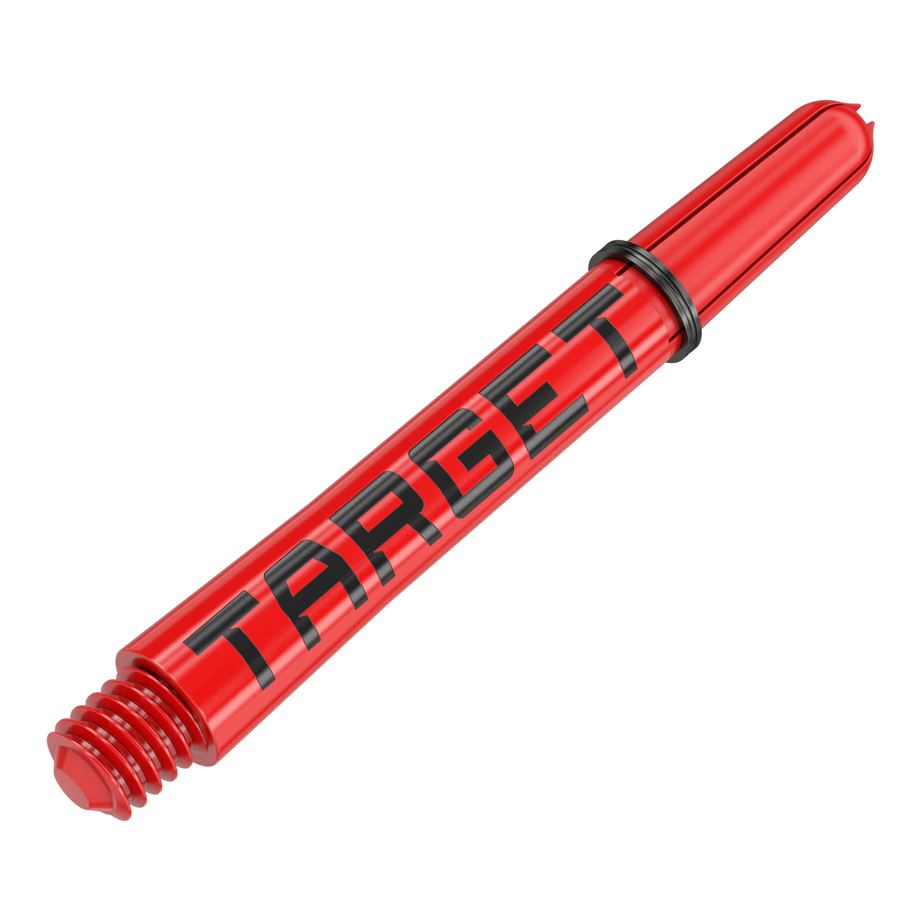 Target Pro Grip TAG Shafts - 3 Sets - Red Das Bild zeigt einen roten Dartschafte mit der Aufschrift "TARGET" in schwarzen Buchstaben. Der Schaft hat ein Schraubgewinde und einen schwarzen Gummiring.