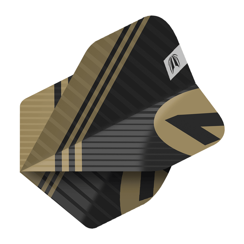 337219_Target_ProUltra_3Sets_Chicane_Black_No2_Standard_Flights_2 Das Bild zeigt einen schwarzen Dartflight mit goldenen Streifen und Mustern. Es handelt sich um das Produkt "Target Pro Ultra Chicane Black No2 Standard Flights - 3 Sets".