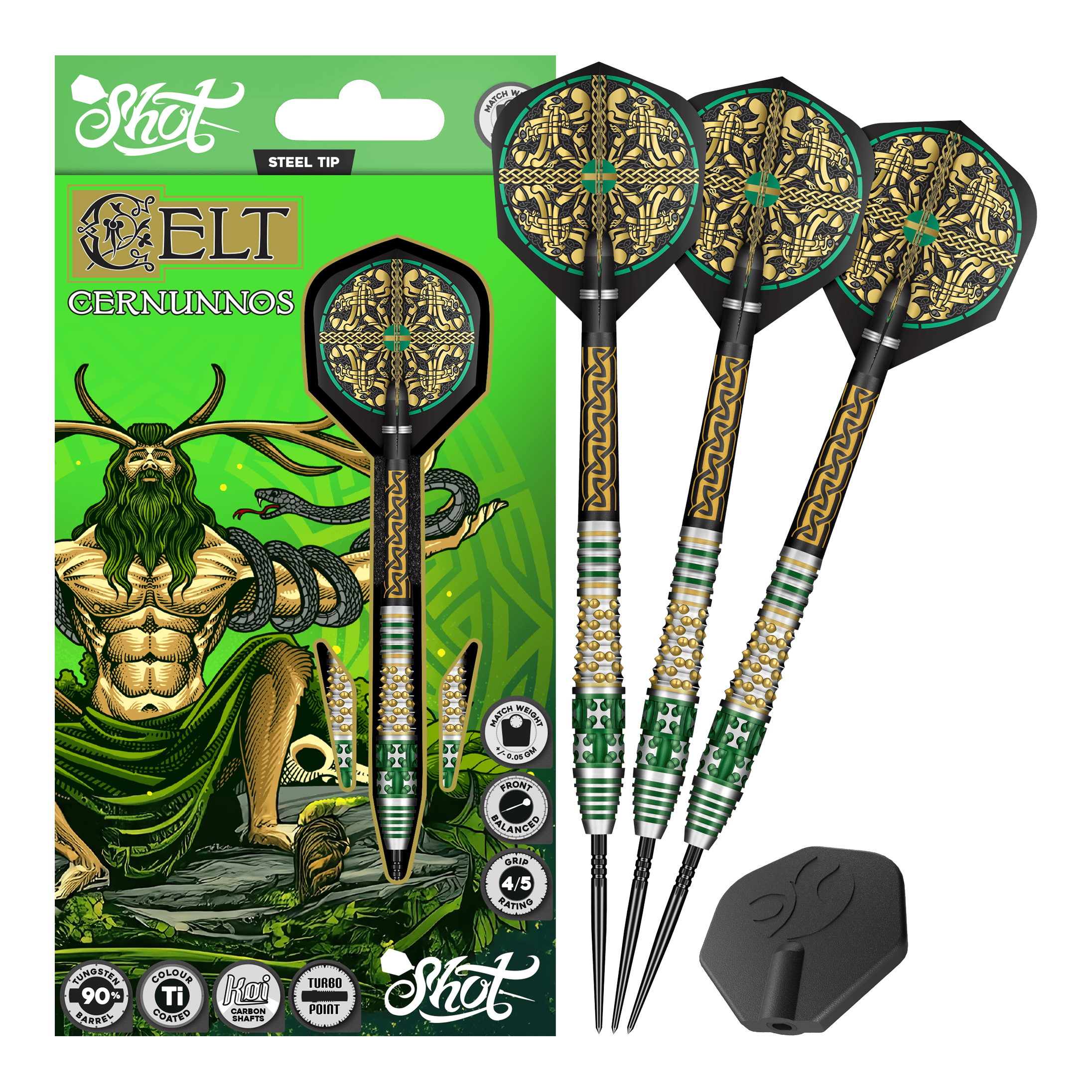 Shot Celt Cernunnos Turbo Point Steeldarts Das Produktfoto zeigt mehrere Shot Celt Cernunnos TurboPoints Steeldarts. Die Darts sind als Gruppe abgebildet.