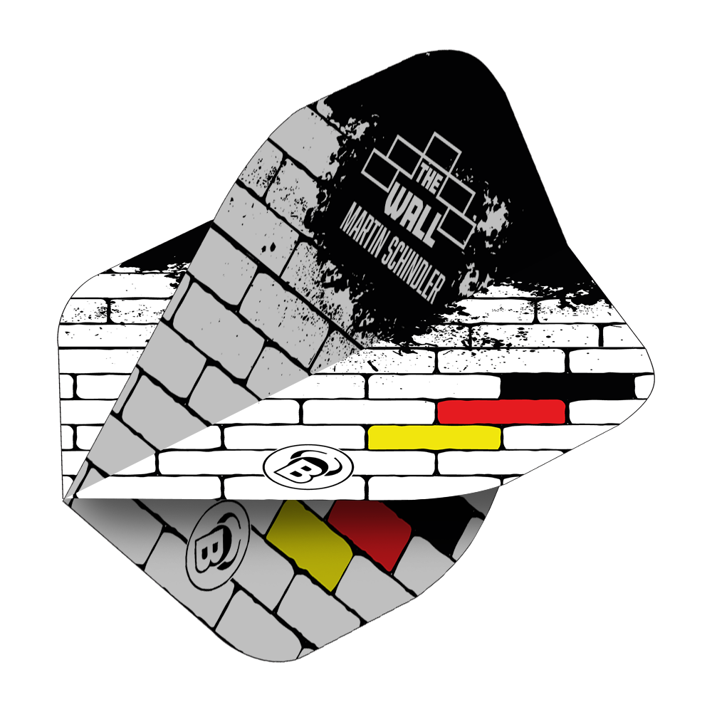 Bulls B-Star Martin Schindler White No2 Standard Flights Das Bild zeigt die Bulls B-Star Martin Schindler White No2 Standard Flights. Das Design erinnert an eine weiße Backsteinmauer mit den Farben der deutschen Flagge und dem Text "The Wall Martin Schindler".