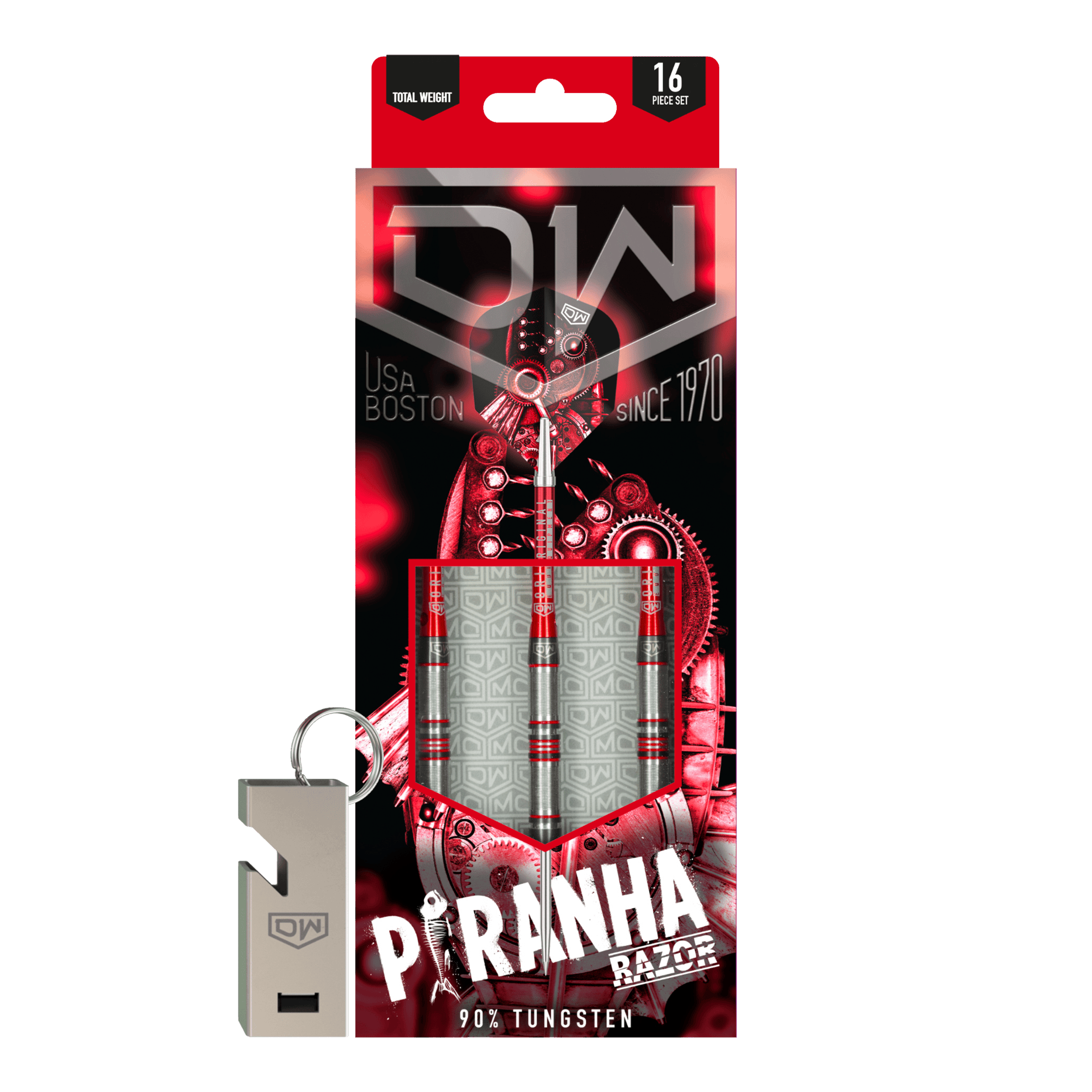 DW Piranha Razor 01 steel darts Das Bild zeigt die Verpackung der "DW Piranha Razor 01 Steeldarts". In der Packung sind drei Darts aus 90% Tungsten und ein silberner Schlüsselanhänger enthalten.