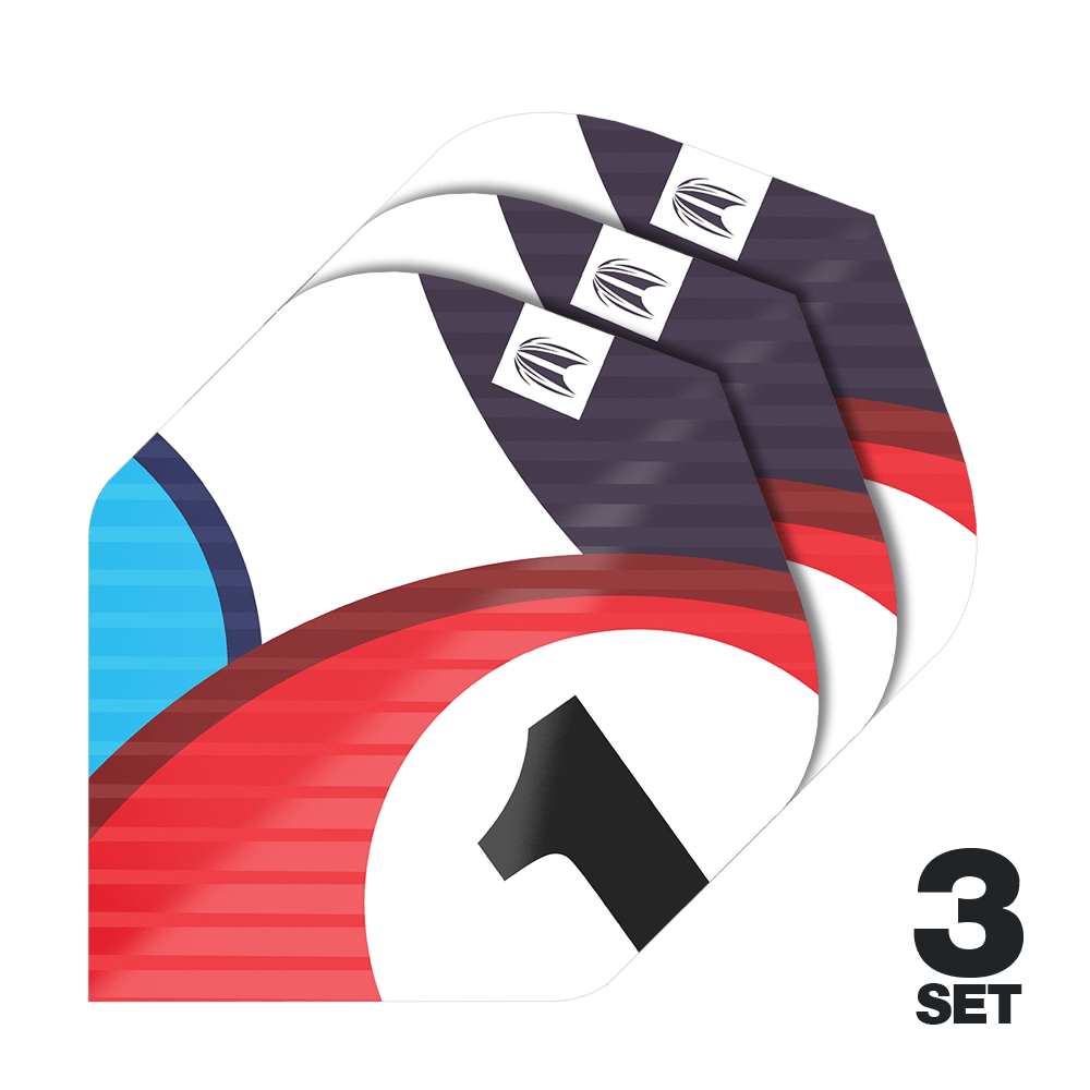 Das Bild zeigt drei Sätze von Target Pro Ultra Chicane Blue No2 Standard Flights. Die Flights sind bunt gestaltet und rechts unten steht "3 Set".