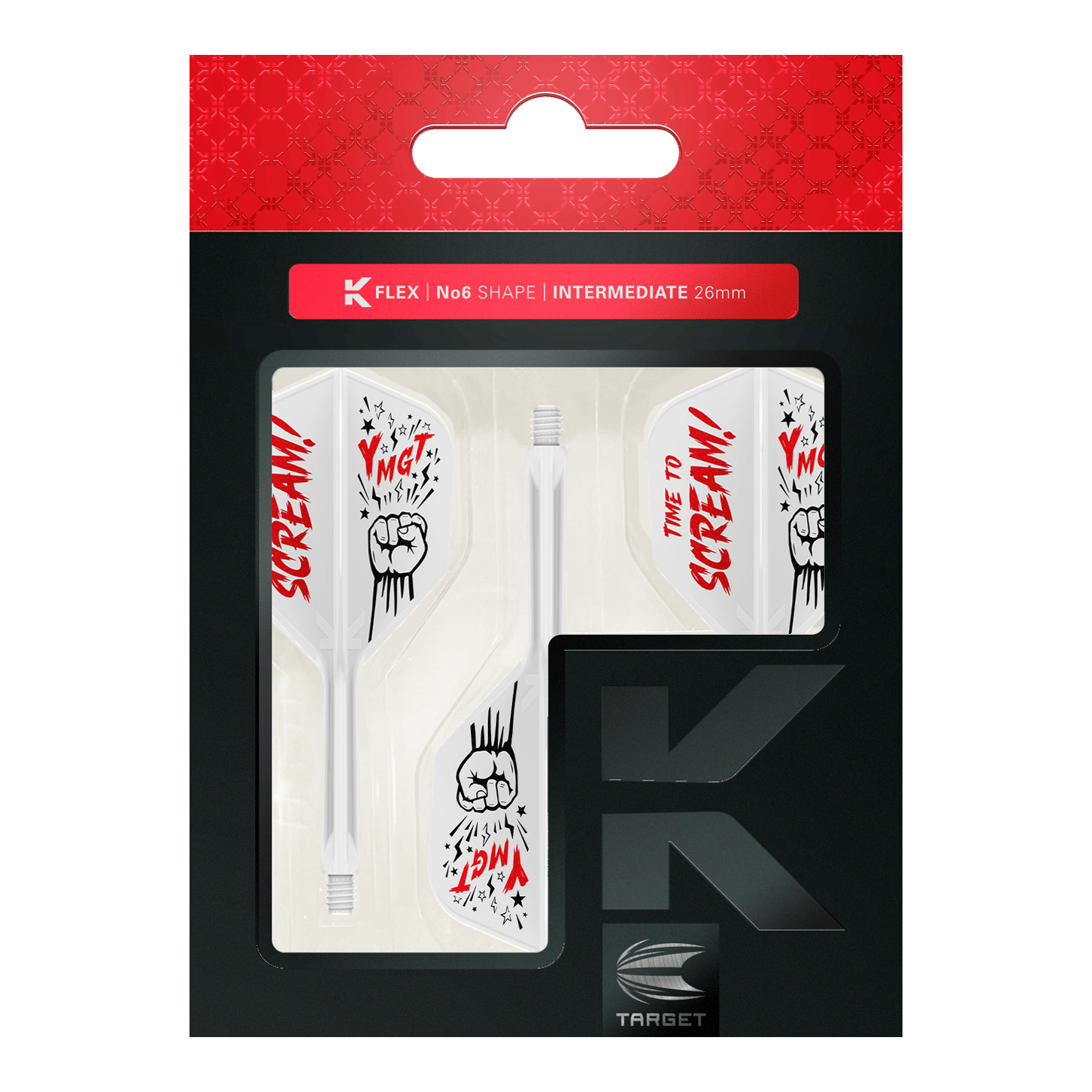 Target Japan K-Flex Scream No6 Flight Shaft System Das Bild zeigt das Produkt „Target Japan K-Flex Scream No6 Flight-Shaft-System“ in seiner Verpackung. Die Flights sind weiß mit roten und schwarzen Grafiken und dem Schriftzug „TIME TO SCREAM!“.