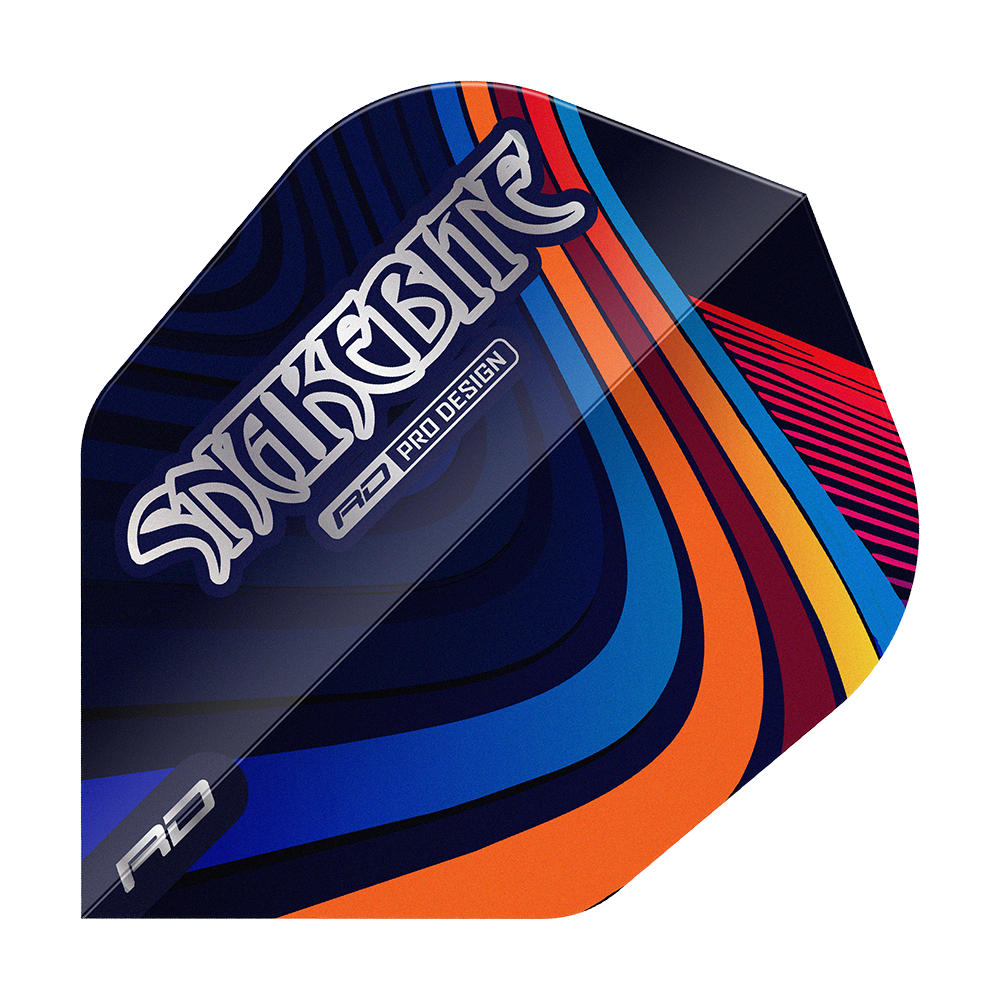 Red Dragon Peter Wright Snakebite Multi Swirl No6 Flights Das Bild zeigt ein Dart-Flight mit dem Aufdruck "Snakebite" und farbenfrohen, geschwungenen Linien. Das Design ist modern und hebt sich durch seine bunten Muster hervor.