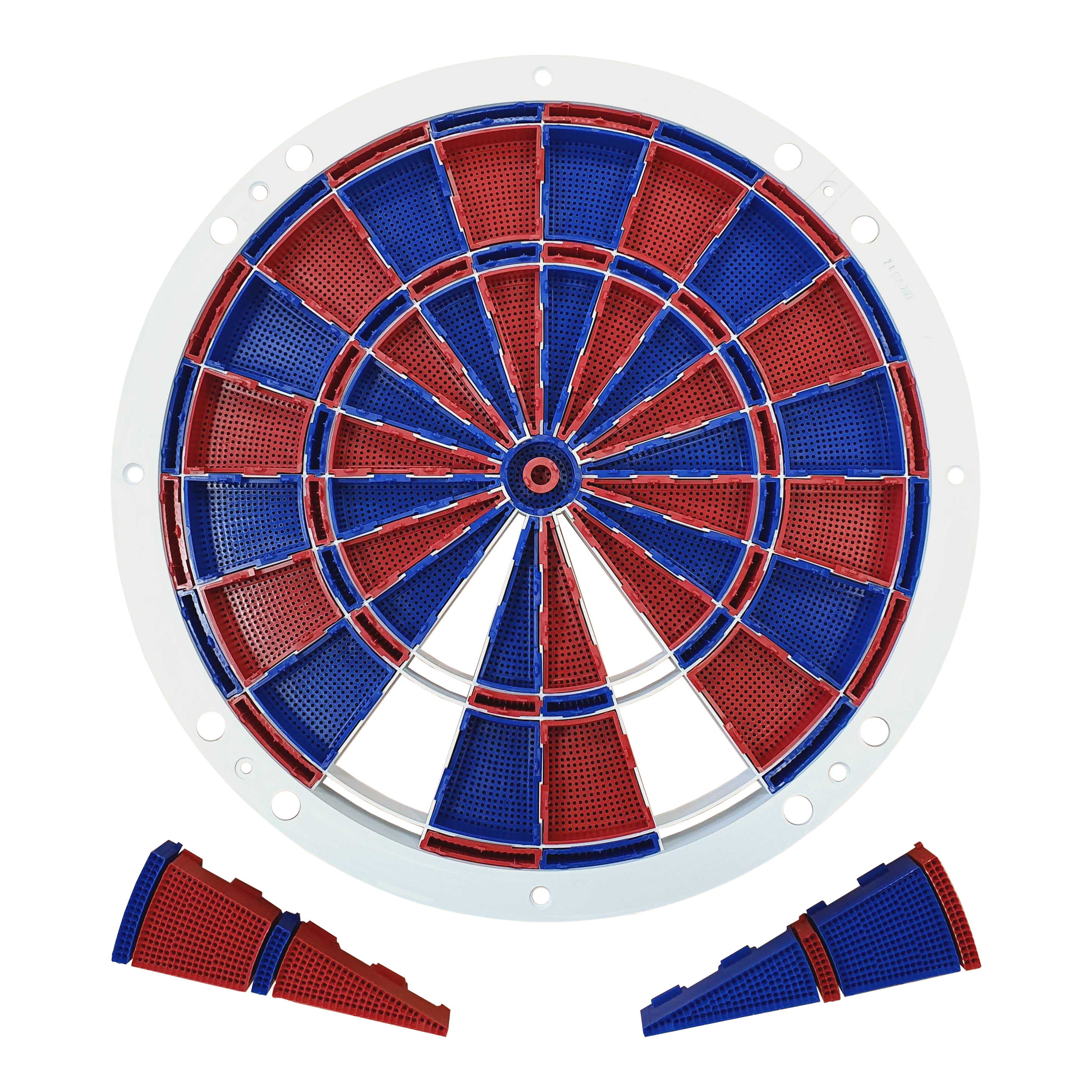 Löwen Dart spare parts 82 segment and spider set Auf dem Bild ist ein Ersatzteil-Set für eine elektronische Dartscheibe zu sehen. Die Segmente sind abwechselnd rot und blau gefärbt und werden von einem weißen Rahmen gehalten.