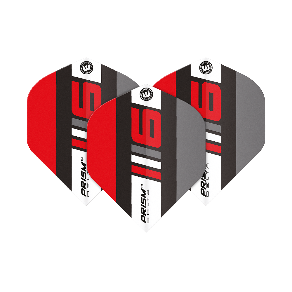 6915-226_Winmau_Prism_Delta_Blade6_B_Standard_Flights_1afofEGfH3oYNK Das Bild zeigt drei Dartflights des Modells "Winmau Prism Delta Blade 6 B Standard Flights". Die Flights sind in den Farben Rot, Schwarz, Grau und Weiß gestaltet und tragen auffällige rote Zahlen und Schriftzüge.