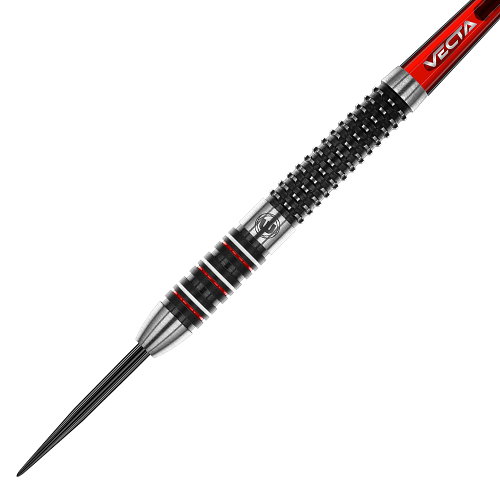 1491_Winmau_Florian_Hempel_Steeldarts_2 Dies ist ein Steeldart mit einer Metallspitze und einem strukturierten Griffbereich. Der Schaft ist überwiegend schwarz und silber mit roten Akzenten und der Aufschrift „VECTA“.