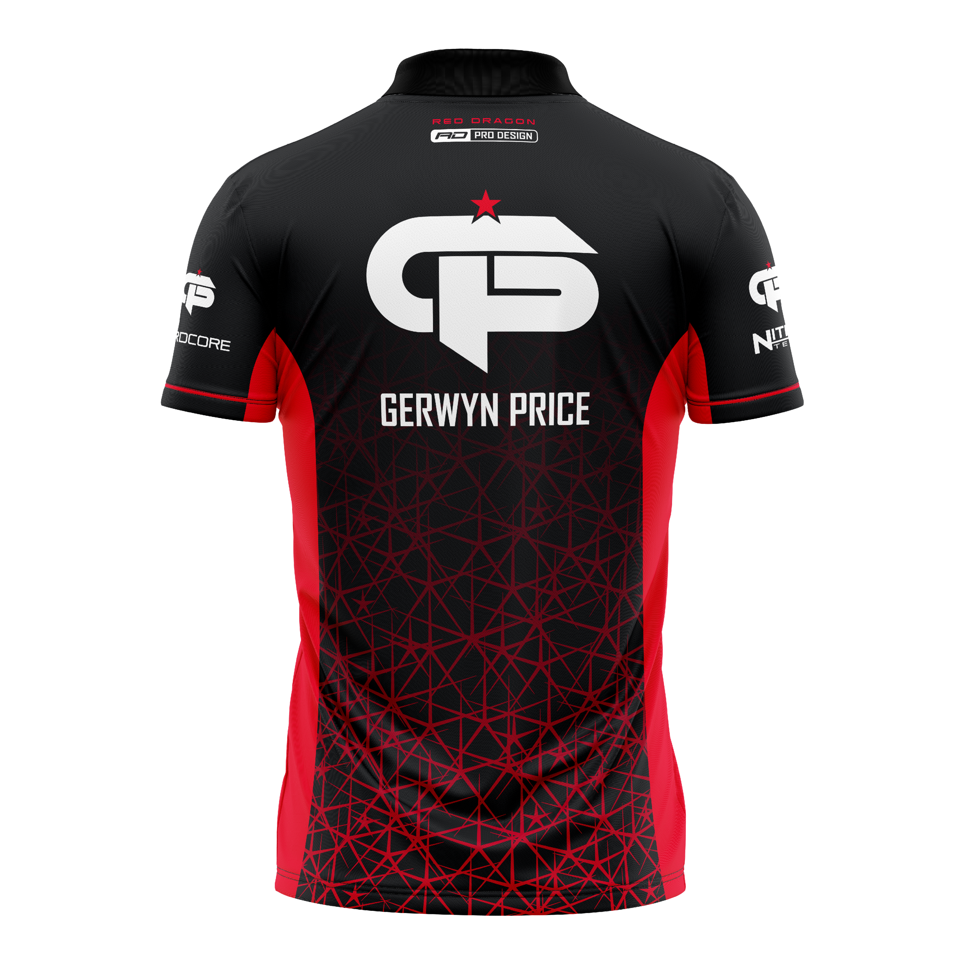 Red Dragon Gerwyn Price Red Tour Polo Dart Shirt Dies ist ein schwarzes und rotes Dartshirt mit dem Namen "Gerwyn Price" auf dem Rücken. Auf dem Shirt befindet sich ein großes weißes Logo und geometrische rote Muster.
