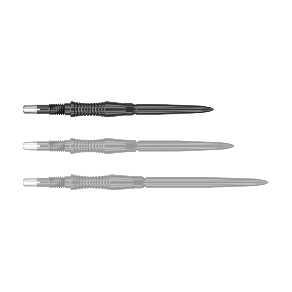 Das Bild zeigt eine Target Swiss Point Dartspitze Signature RST in Schwarz, 30mm. Die Dartspitze hat eine strukturierte Oberfläche und ein modernes Aussehen.