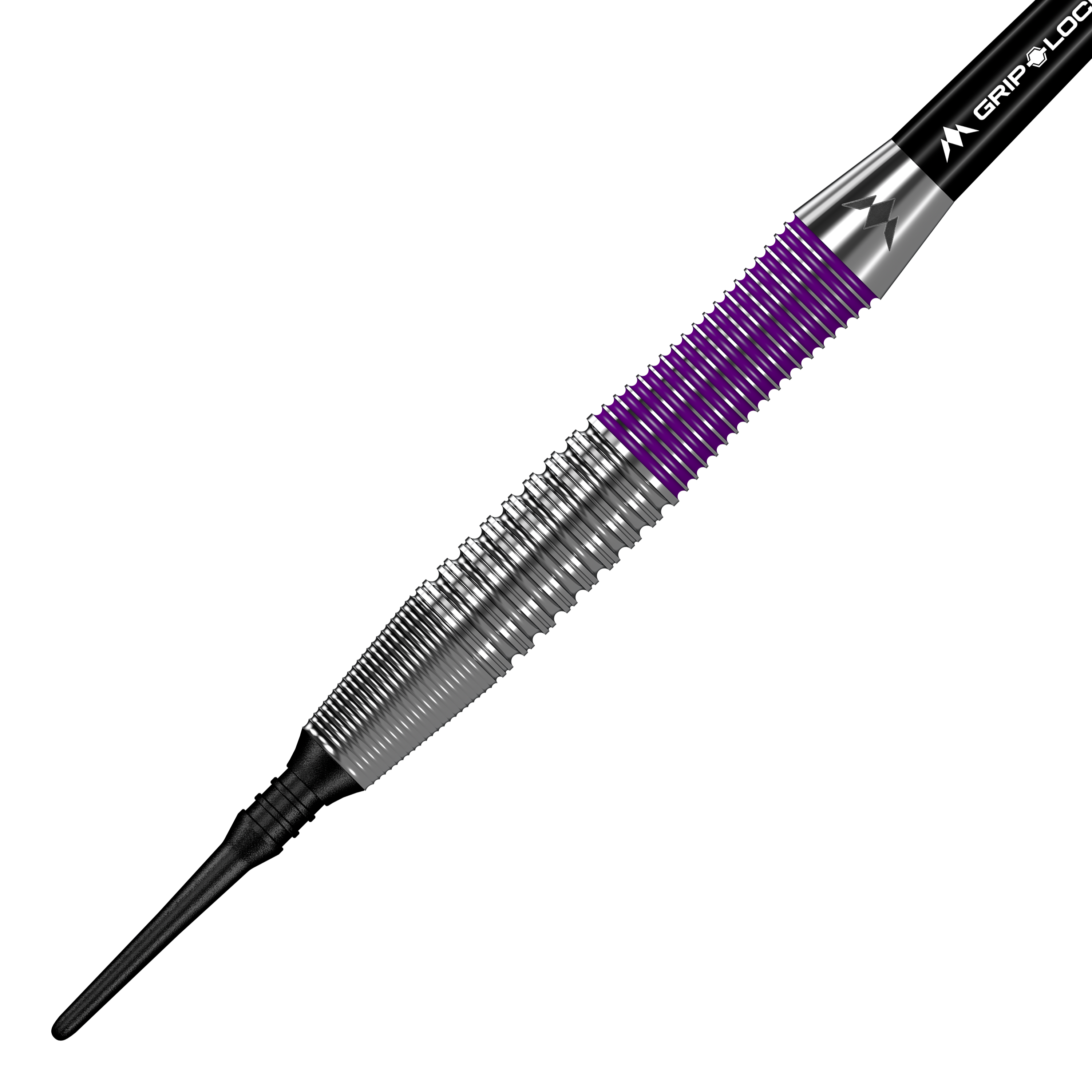 Mission Phantom Brass Soft Darts - 18g Das Bild zeigt den Mission Phantom Brass Softdart mit einem Gewicht von 18 Gramm. Der Dart hat ein silbernes Griffstück mit lila Akzenten und einer schwarzen Spitze.