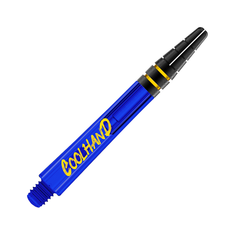 Red Dragon Nitrotech Luke Humphries Coolhand Shafts - Blue Das Bild zeigt einen blauen Dart-Schaft mit der gelben Aufschrift "COOLHAND". Der obere Teil des Schafts ist schwarz mit zwei goldenen Ringen.