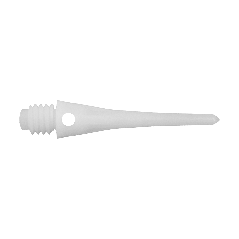 CO-00071_Condor_Tip_Zero-Stress_Softdartspitzen_Weiss_2 Das Bild zeigt eine weiße Softdartspitze mit Schraubgewinde und einem kleinen Loch an der Seite. Es handelt sich um die Condor Tip Zero-Stress 2BA Softdartspitzen aus dem 40er Pack.