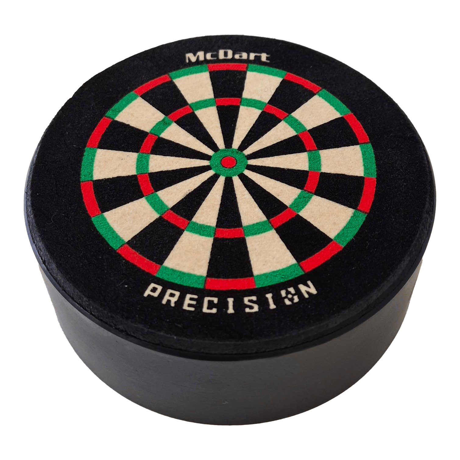 McDart Precision Mini Dartboard Dart Holder Das Bild zeigt die McDart Precision Mini Dartboard Darthalter. Es ist eine kleine, runde Dartscheibe mit farbigen Segmenten und dem Schriftzug "McDart Precision" darauf.