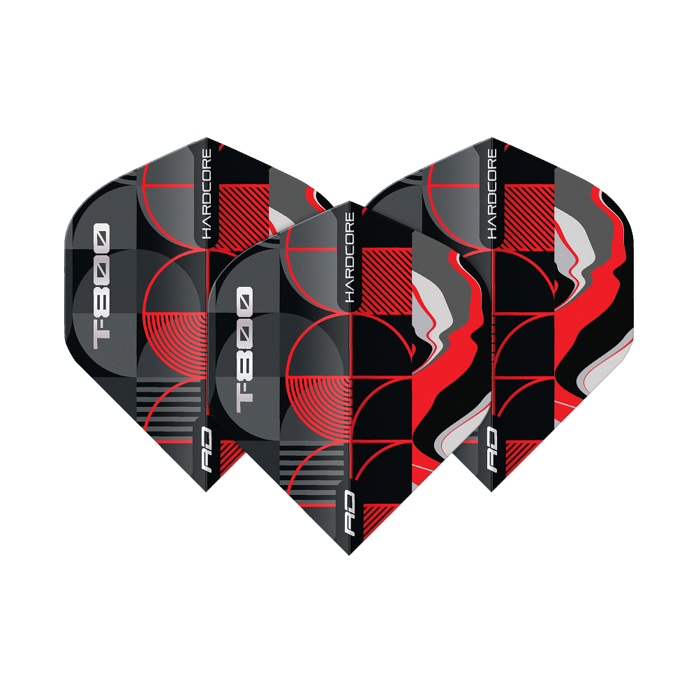 Das Bild zeigt die Red Dragon Hardcore T-800 No2 Standard Flights. Die Dart-Flights sind schwarz, rot, grau und weiß gemustert und tragen die Aufschrift "T800" und "HARDCORE".