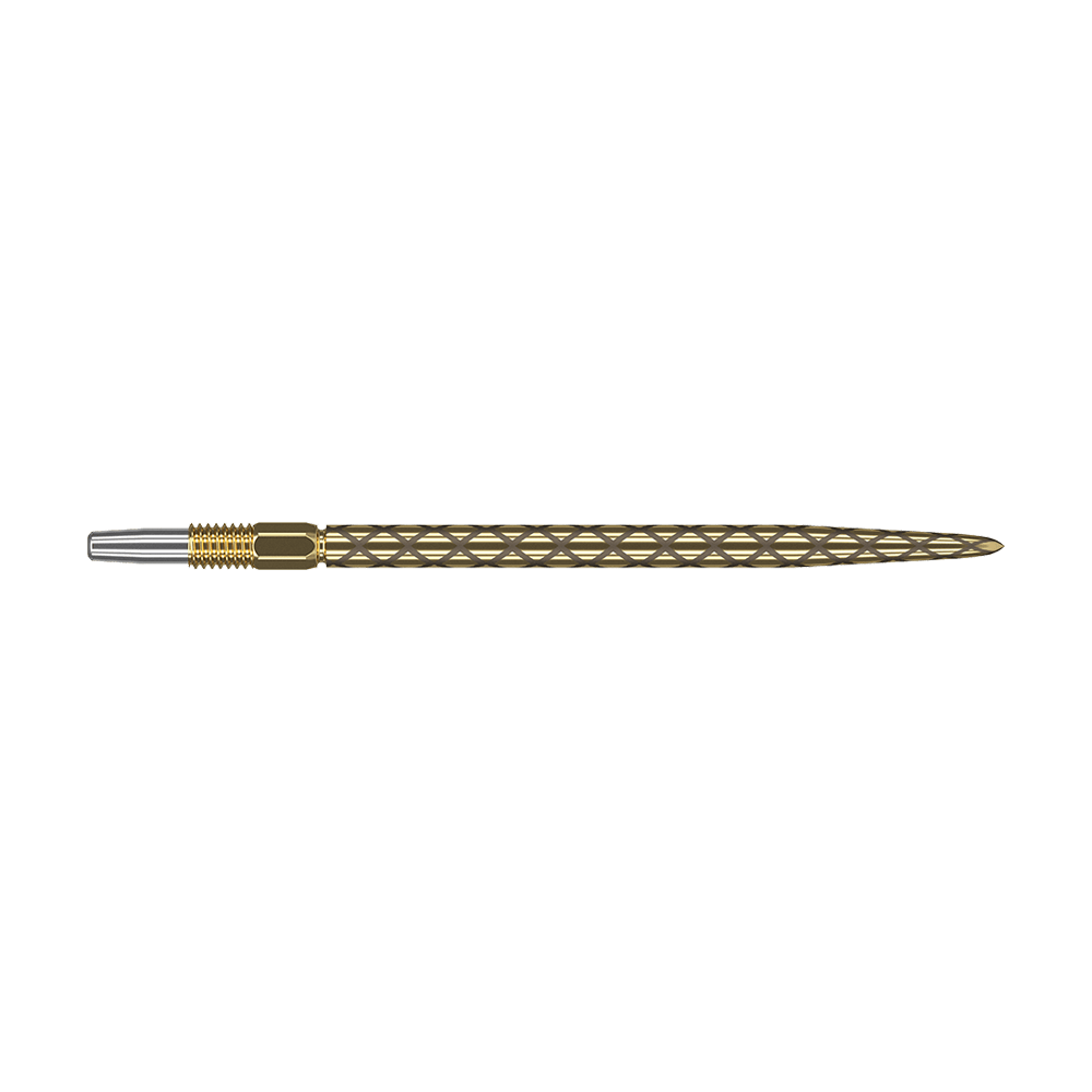Target Swiss Diamond Pro Gold dart tips Das Bild zeigt eine goldene Dartspitze mit einem diamantförmigen Muster. Die Spitze ist schmal und hat am vorderen Ende einen silbernen Bereich.