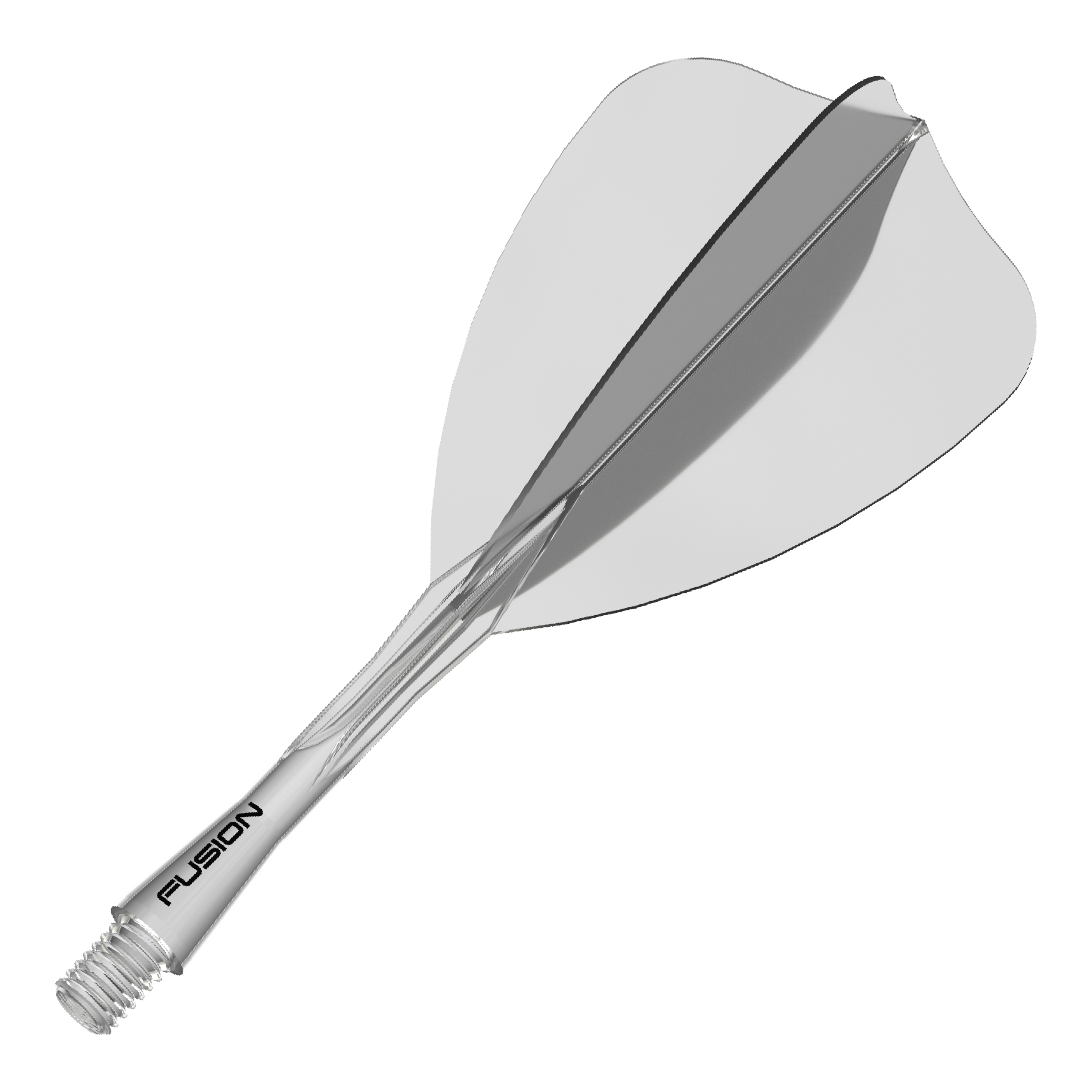 Das Bild zeigt ein Dartzubehör, wahrscheinlich einen transparenten Shaft oder Flight. Der Dateiname weist auf 'Winmau Fusion Flight Shaft System Arrow Clear 28mm 1' hin.