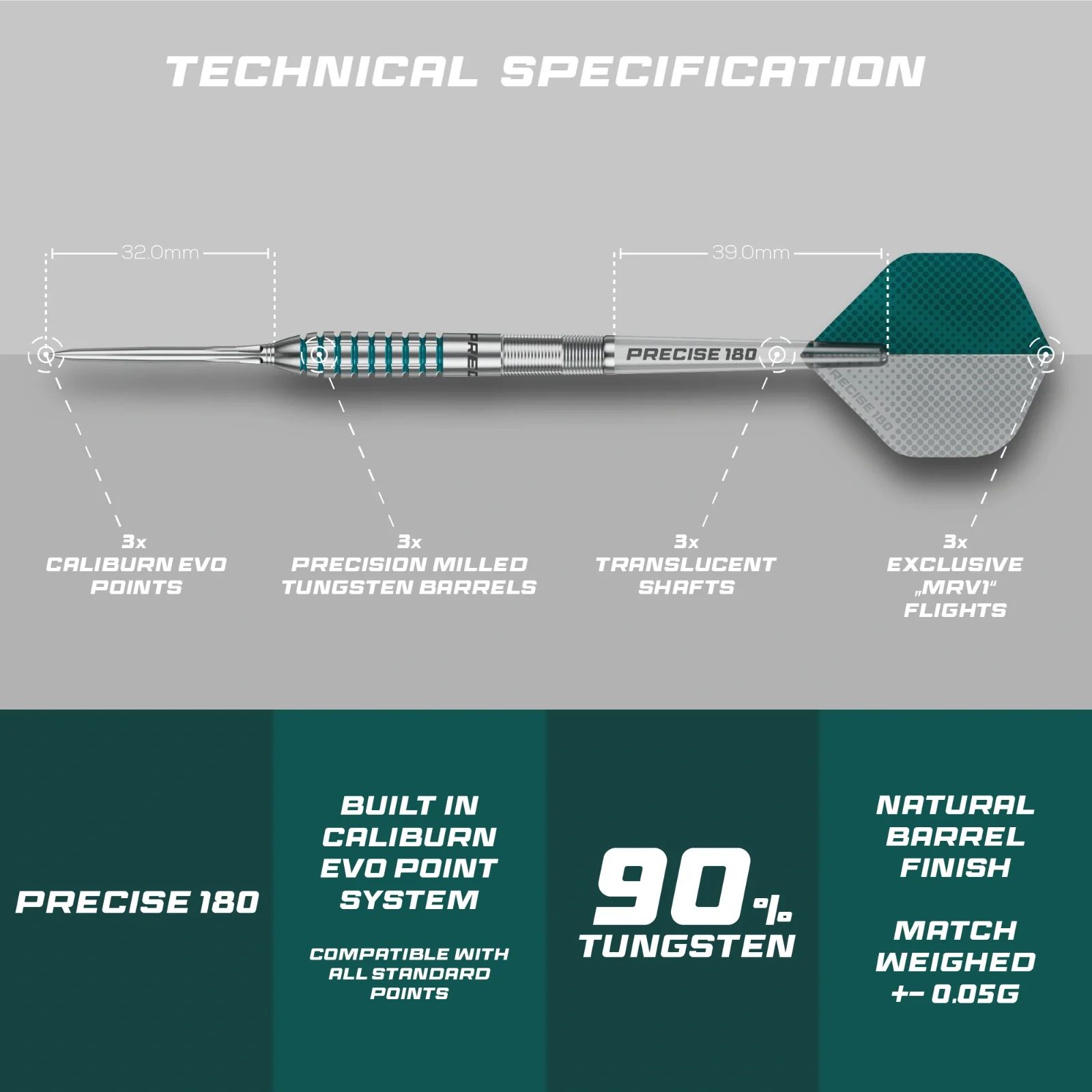 Die Abbildung zeigt die Precise 180 MRV1 Steeldarts mit einem Gewicht von 23g. Es handelt sich um hochwertige Steeldarts für präzises Dartspiel.