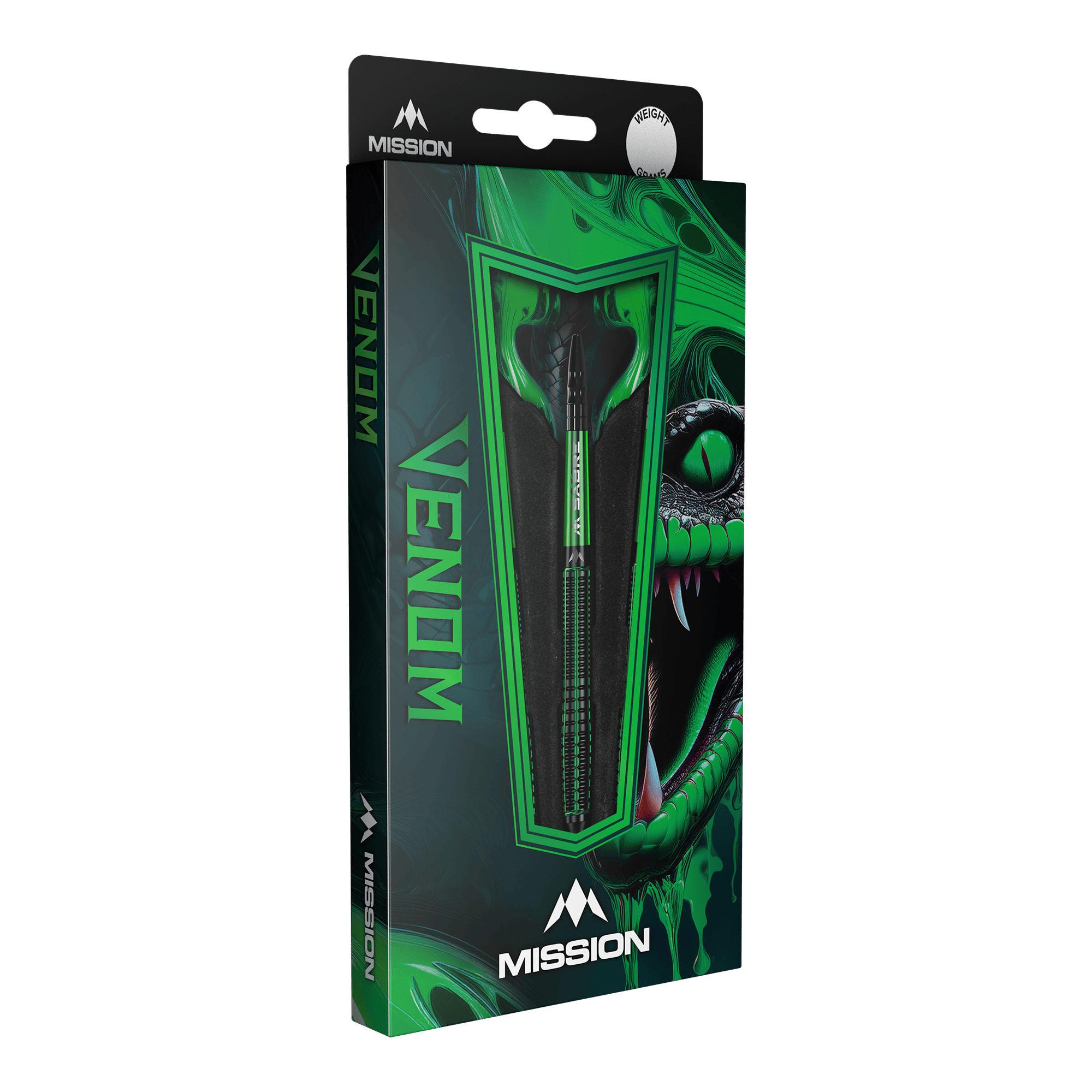 Die Abbildung zeigt die Verpackung der "Mission Venom Softdarts - 20g". Das Design ist in Grün gehalten und zeigt einen Schlangenkopf sowie den Schriftzug "Venom".