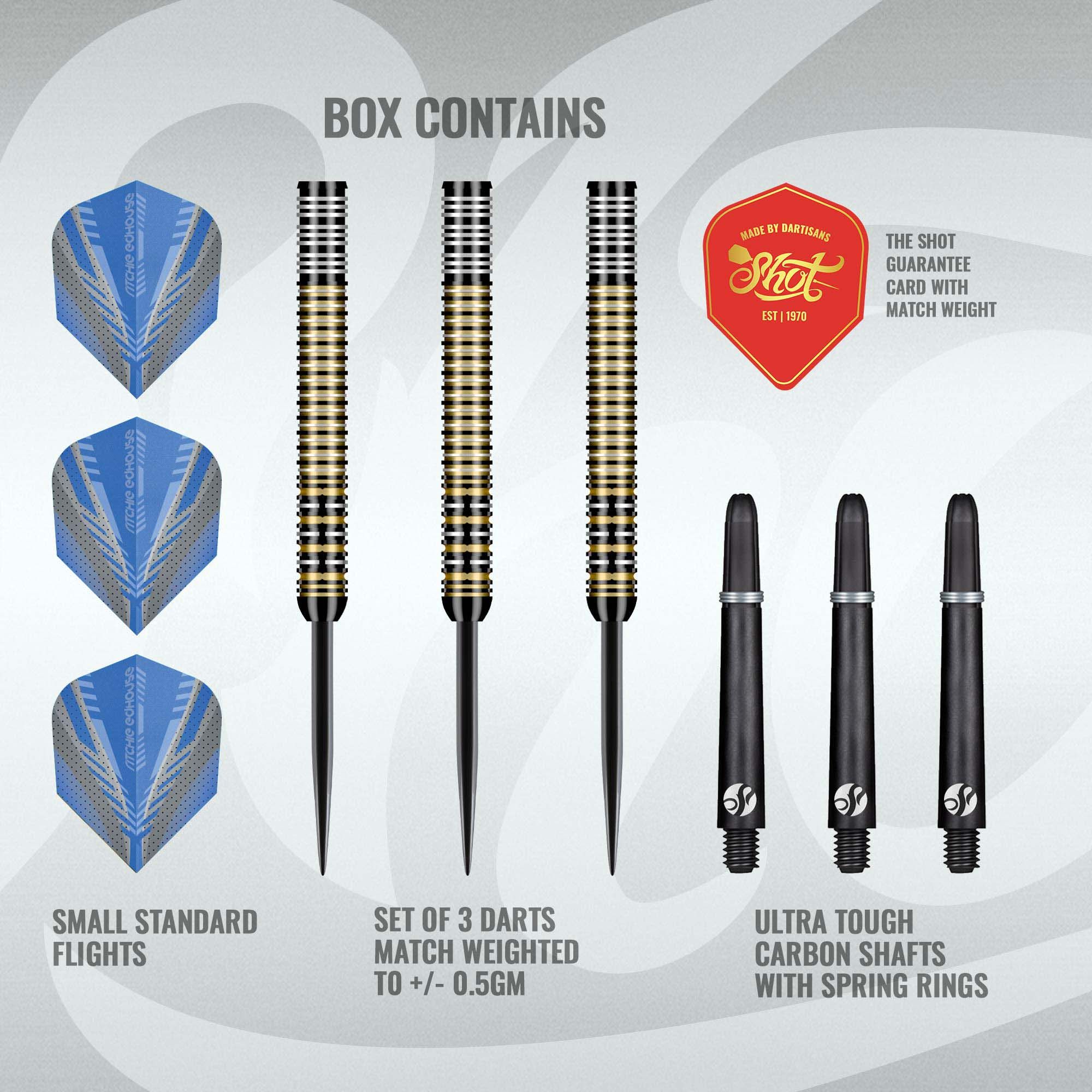 Dargestellt sind die Shot Ritchie Edhouse Madhouse Steeldarts. Dieses Produkt richtet sich an ambitionierte Dartspieler.