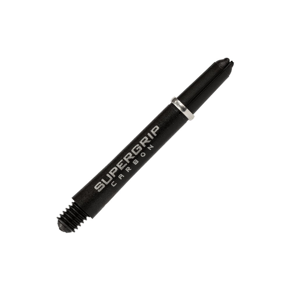 HR355_Harrows_Supergrip_Carbon_Shafts_Silber_40mm_2 Das Bild zeigt einen Harrows Supergrip Carbon Shaft in Silber. Der Schaft ist schwarz mit silbernem Ring und weißer Aufschrift.