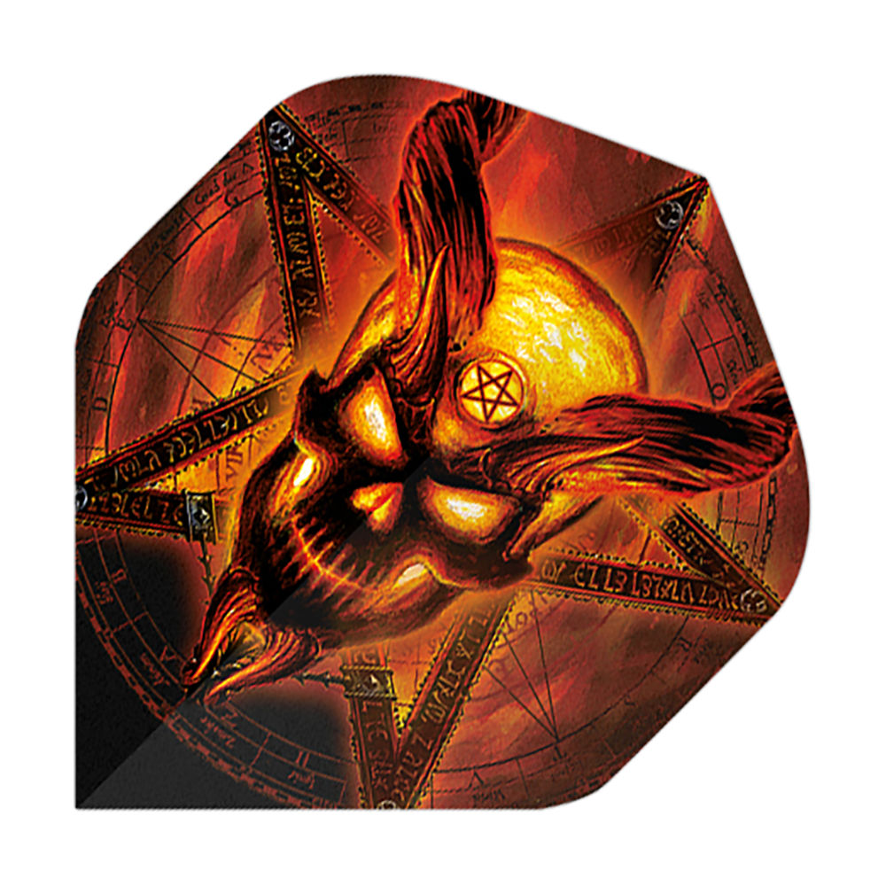Alchemy Burning Temple No2 Standard Flights Das Bild zeigt einen Dartflight mit einem brennenden, dämonischen Schädel und einem Pentagramm im Hintergrund. Die Farben sind hauptsächlich in Rot-, Orange- und Gelbtönen gehalten, was das feurige Design betont.