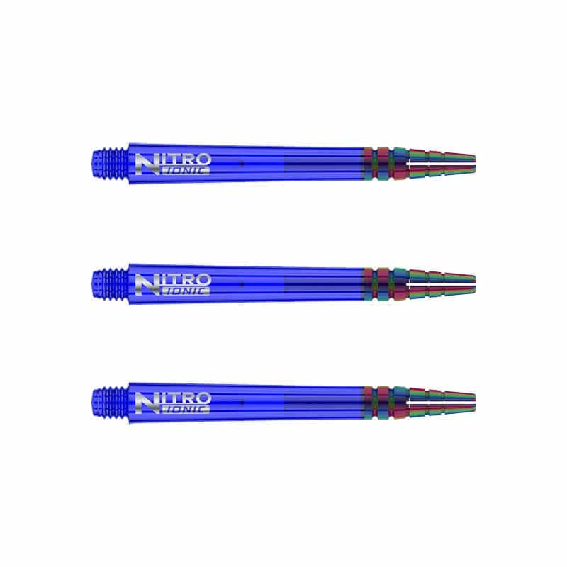 C606_Nitro_Ionic_Medium_Blue_Shafts Auf dem Bild sind drei blaue RedDragon Nitrotech Ionic Shafts zu sehen. Sie sind nebeneinander angeordnet und haben ein glänzendes, metallisches Aussehen.