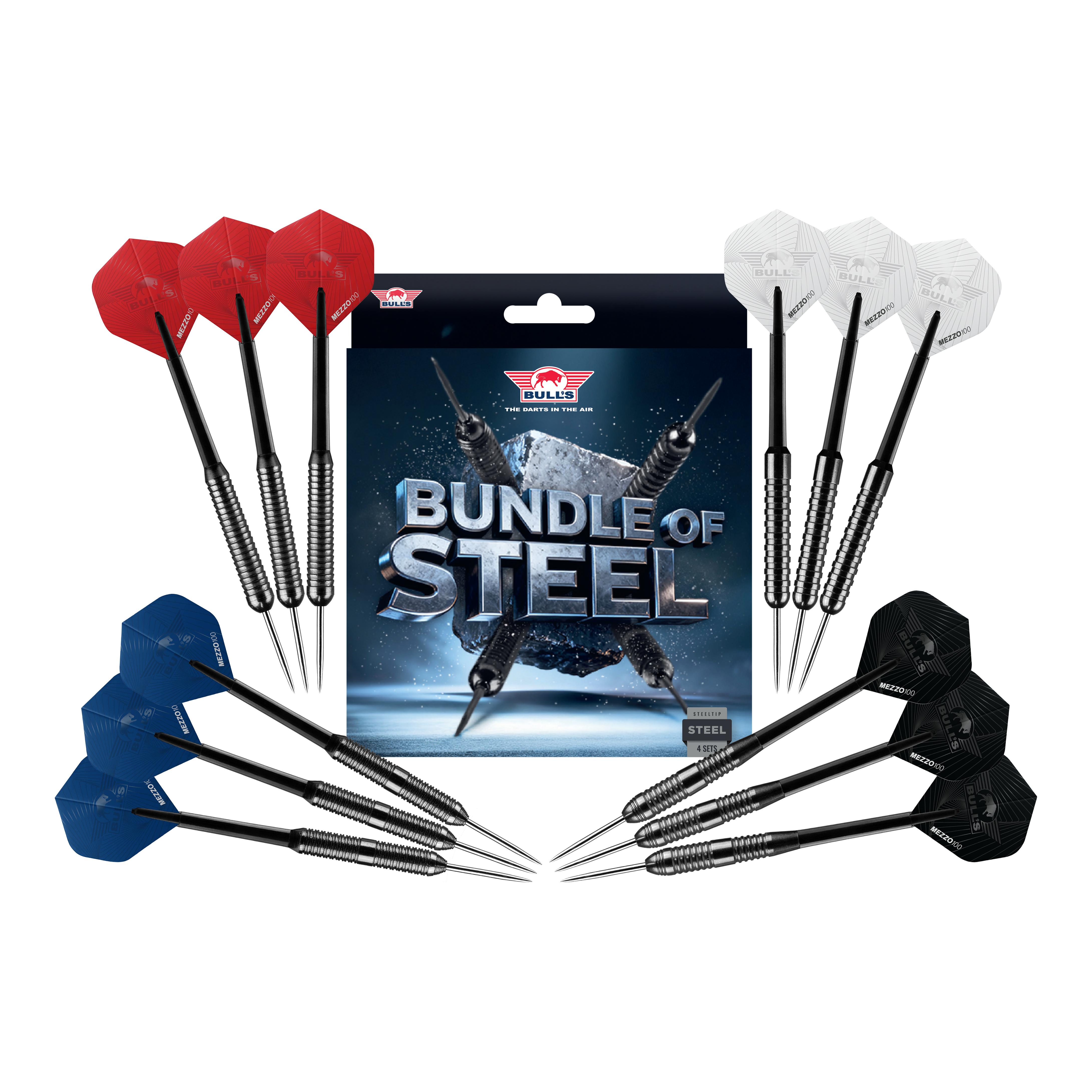 Bulls NL Bundle Of Steel - 4 Sets Brass Steeldarts Zu sehen sind die Bulls NL Bundle Of Steel - 4 Sets Brass Steeldarts. Das Produkt bietet vier Sets Messing-Steeldarts für Dartspieler.