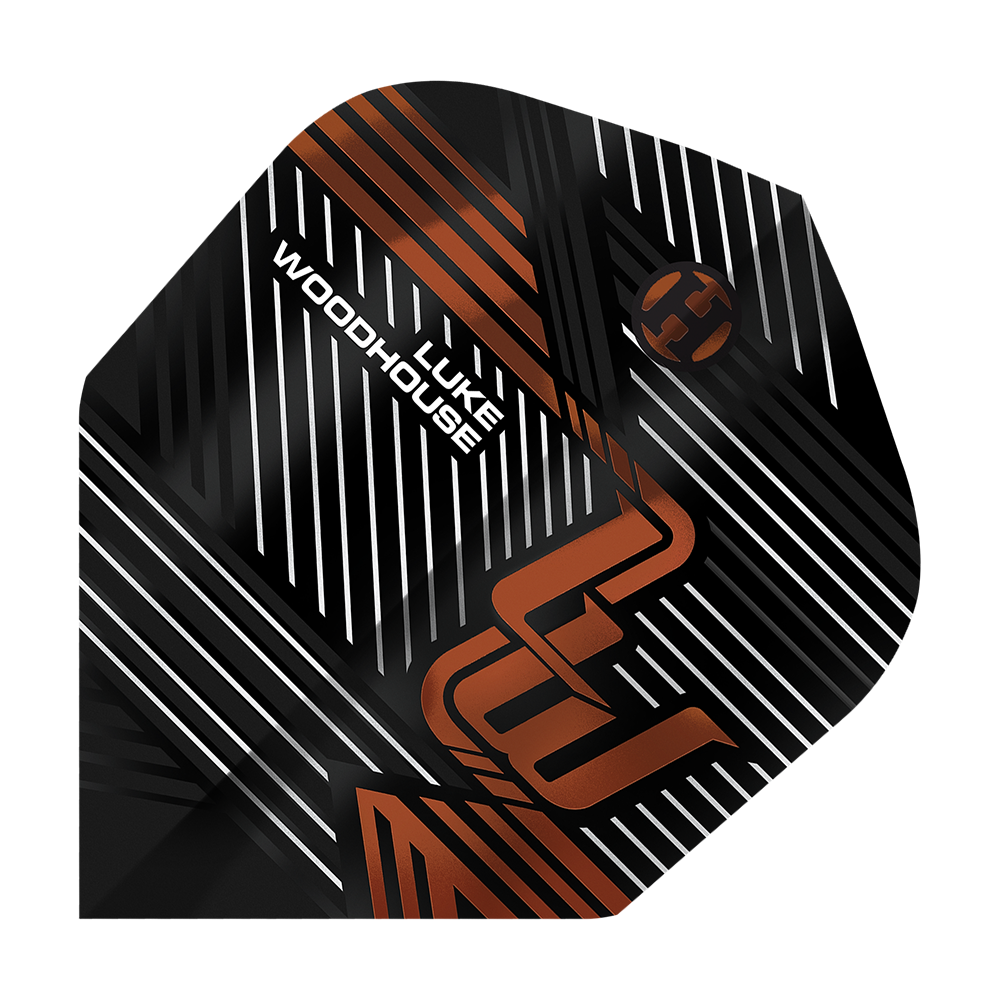 Harrow's Luke Woodhouse Series 2 Flights Das Bild zeigt das Produkt "Harrows Luke Woodhouse Series 2 Flights". Auf dem Flight sind schwarze, weiße und kupferfarbene Linien mit dem Namen "Luke Woodhouse" abgebildet.