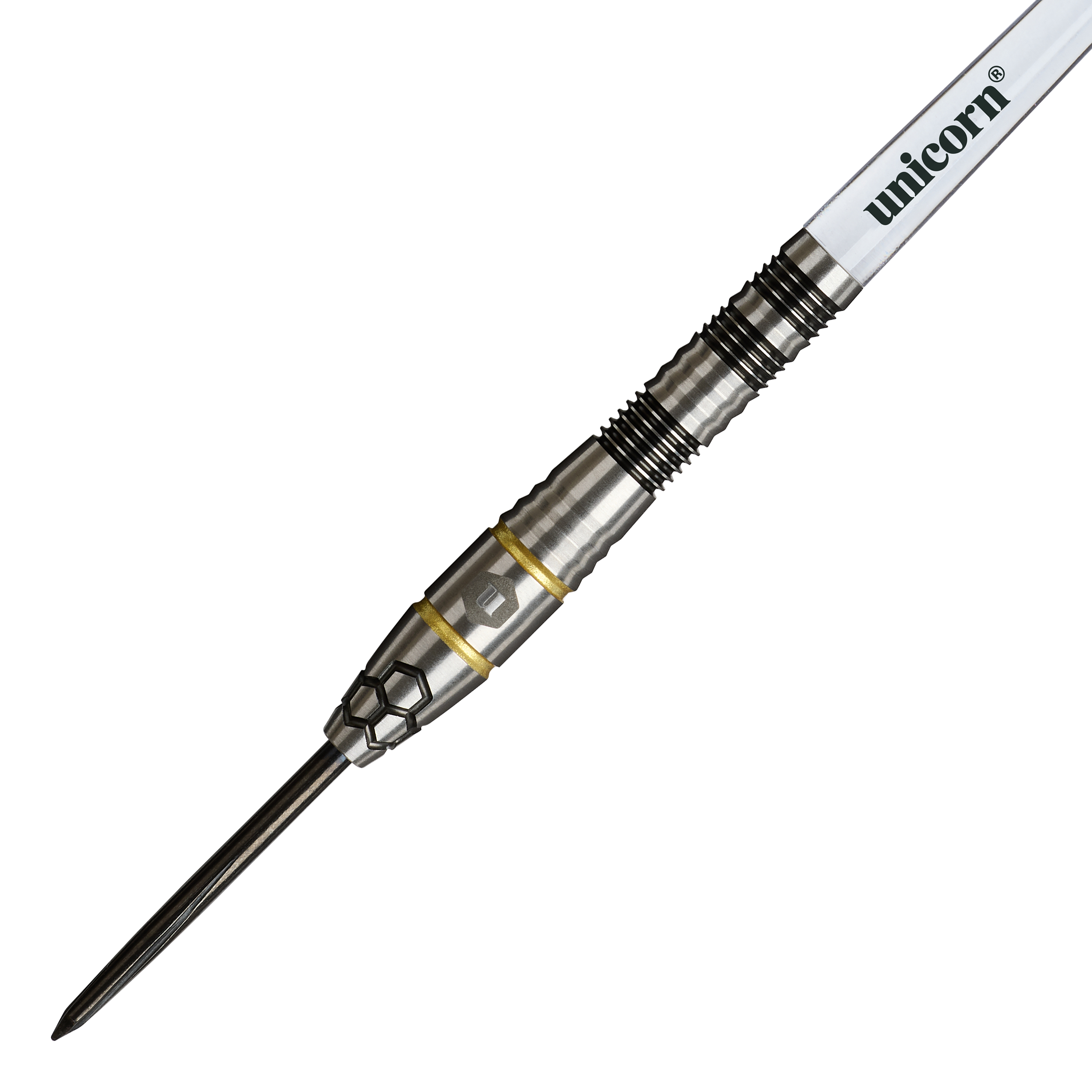 Unicorn Hexium Style 01 Black & Gold Steeldarts Auf diesem Foto sind die Unicorn Hexium Style 01 Black & Gold Steeldarts zu sehen. Die Darts heben sich durch ihr elegantes Design in Schwarz und Gold hervor.