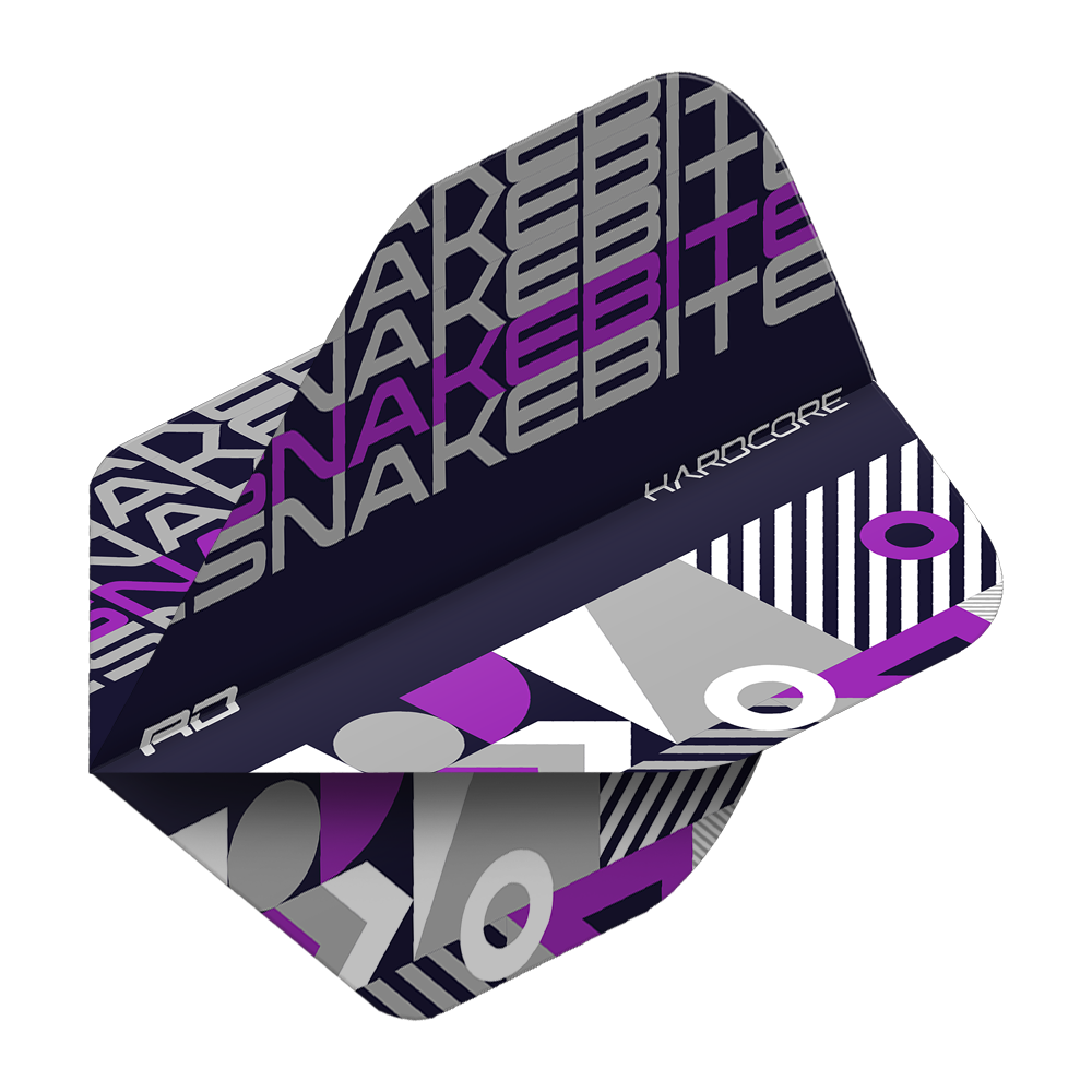 TF6656_Red_Dragon_Hardcore_Snakebite_BlackPurple_Standard_Flights_2cXxLHmvDRi191 Das Bild zeigt ein Dart-Flight mit dem Namen "Red Dragon Hardcore Snakebite Black Purple Standard Flights". Das Design ist schwarz-lila mit geometrischen Mustern und dem Schriftzug "SNAKEBITE".
