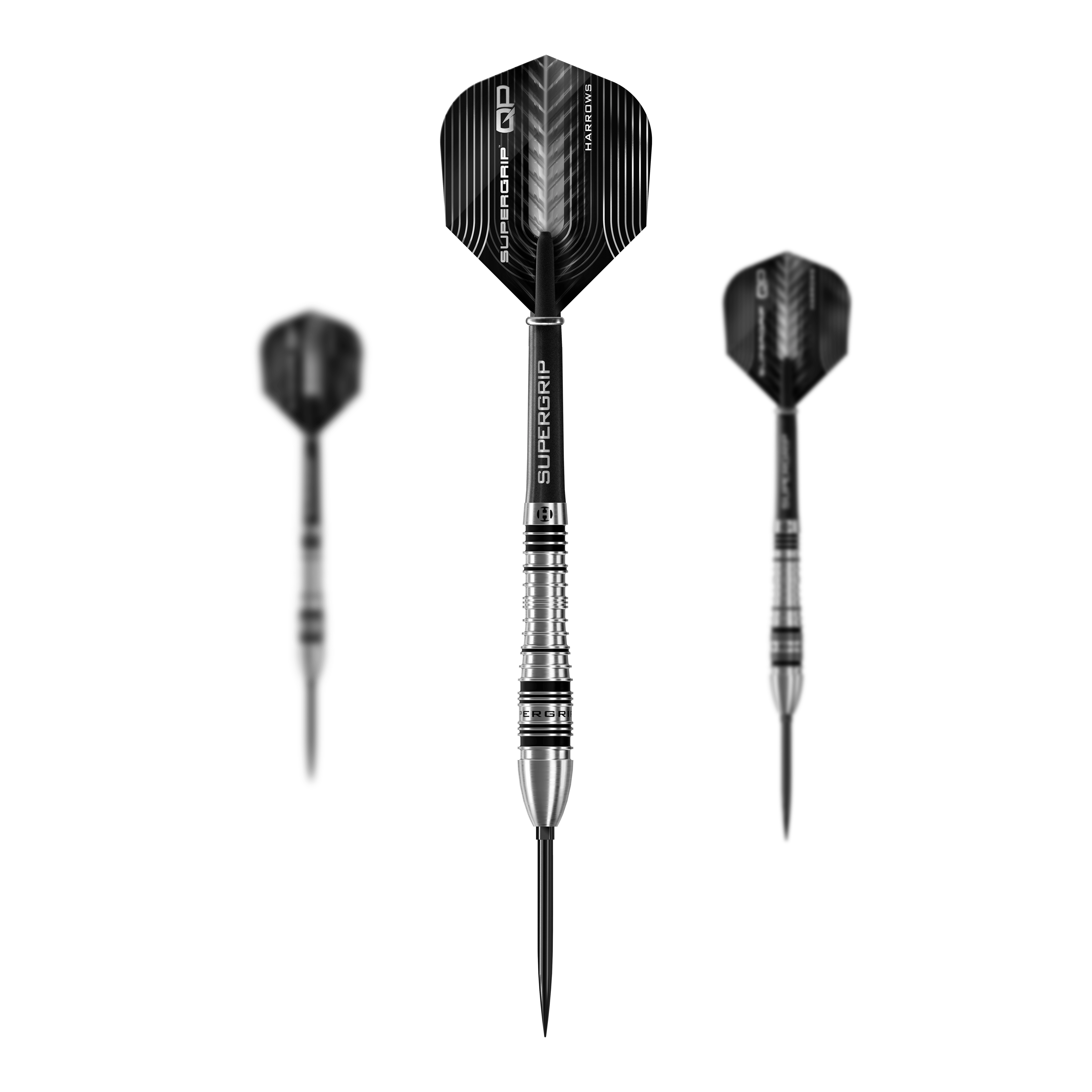Dieses Bild präsentiert das Set der Harrows Supergrip Bomb Quick Point Steeldarts. Das Set enthält mehrere hochwertige Darts für das Spiel.