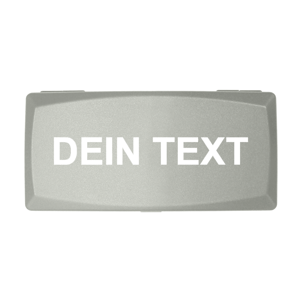 Auf dem Bild ist eine graue Box zu sehen. Auf der Box steht in weißen Buchstaben "DEIN TEXT".