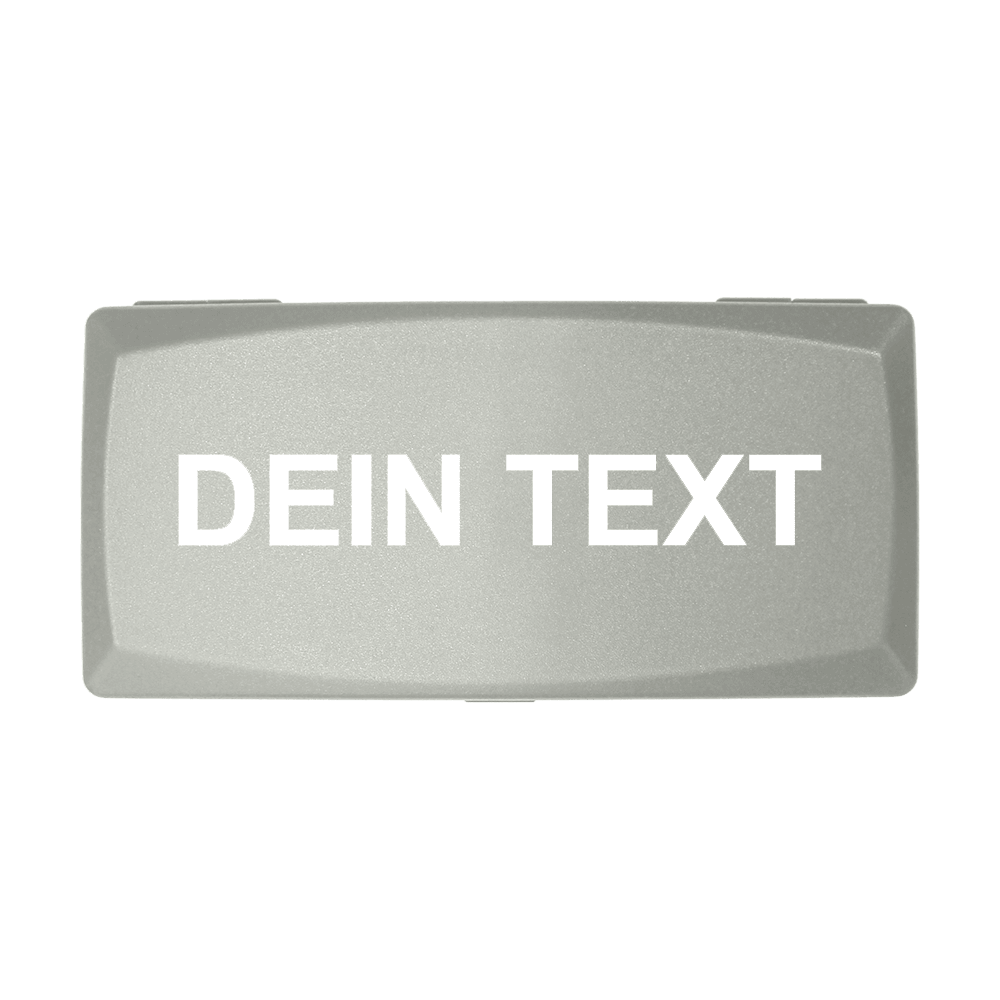 ABS box with custom print Auf dem Bild ist eine graue Box zu sehen. Auf der Box steht in weißen Buchstaben "DEIN TEXT".