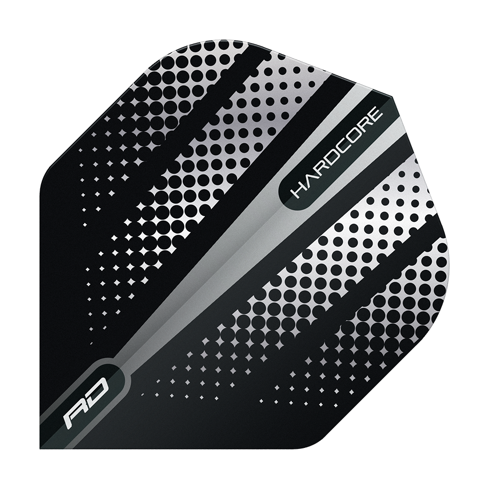 TF6507_Red_Dragon_Hardcore_Radical_Black_Flash_Standard_Flights_1JYk8bJiPwTpAd Das Bild zeigt ein Dartflight mit dem Namen "Red Dragon Hardcore Radical Black Flash Standard Flights". Das Design ist schwarz mit silbernen Punkten und Streifen sowie der Aufschrift "HARDCORE".