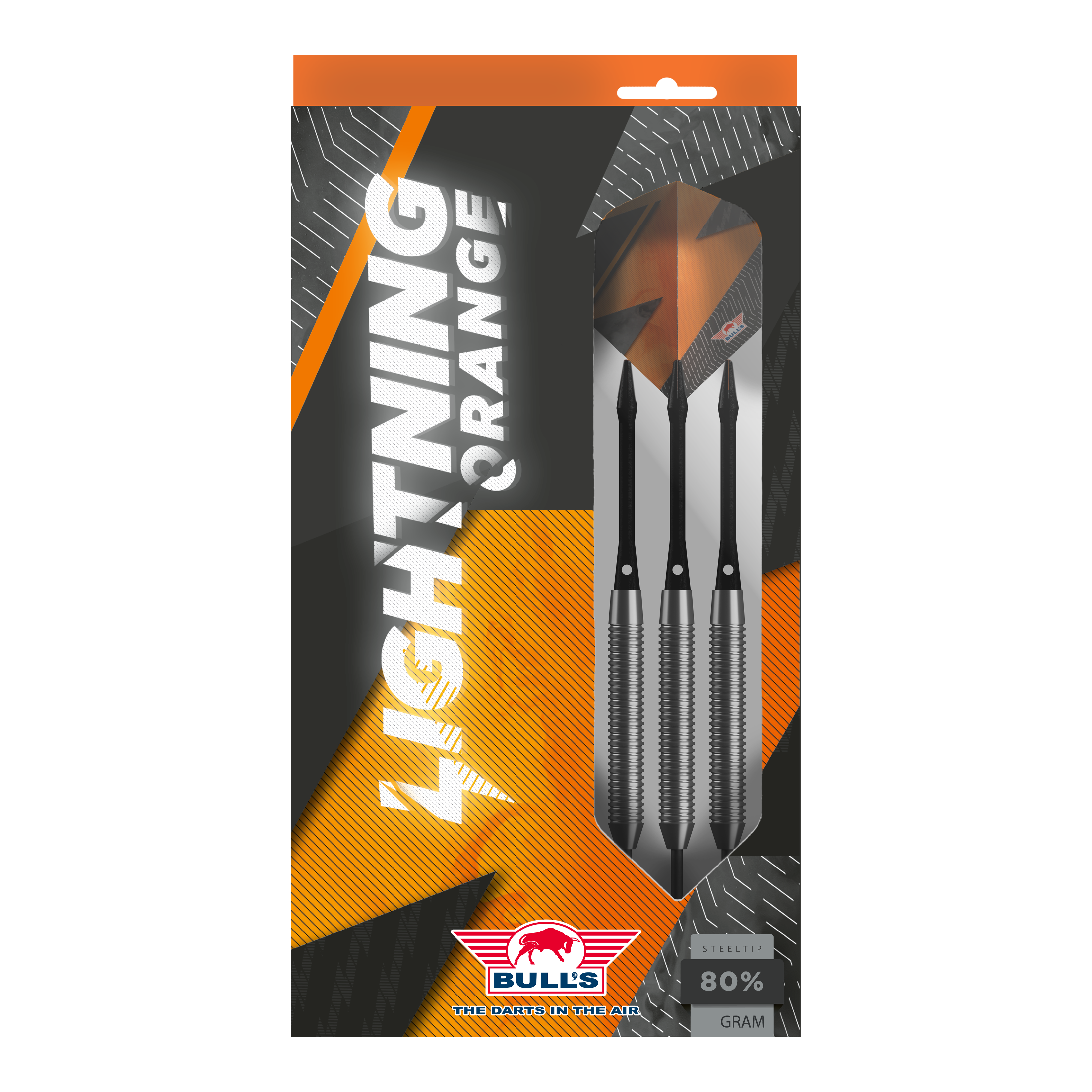 Bulls NL Lightning Orange Steel Darts Das Bild zeigt die Verpackung der "Bulls NL Lightning Orange Steeldarts". In der Packung befinden sich drei Steeldarts mit orange-schwarzem Design.