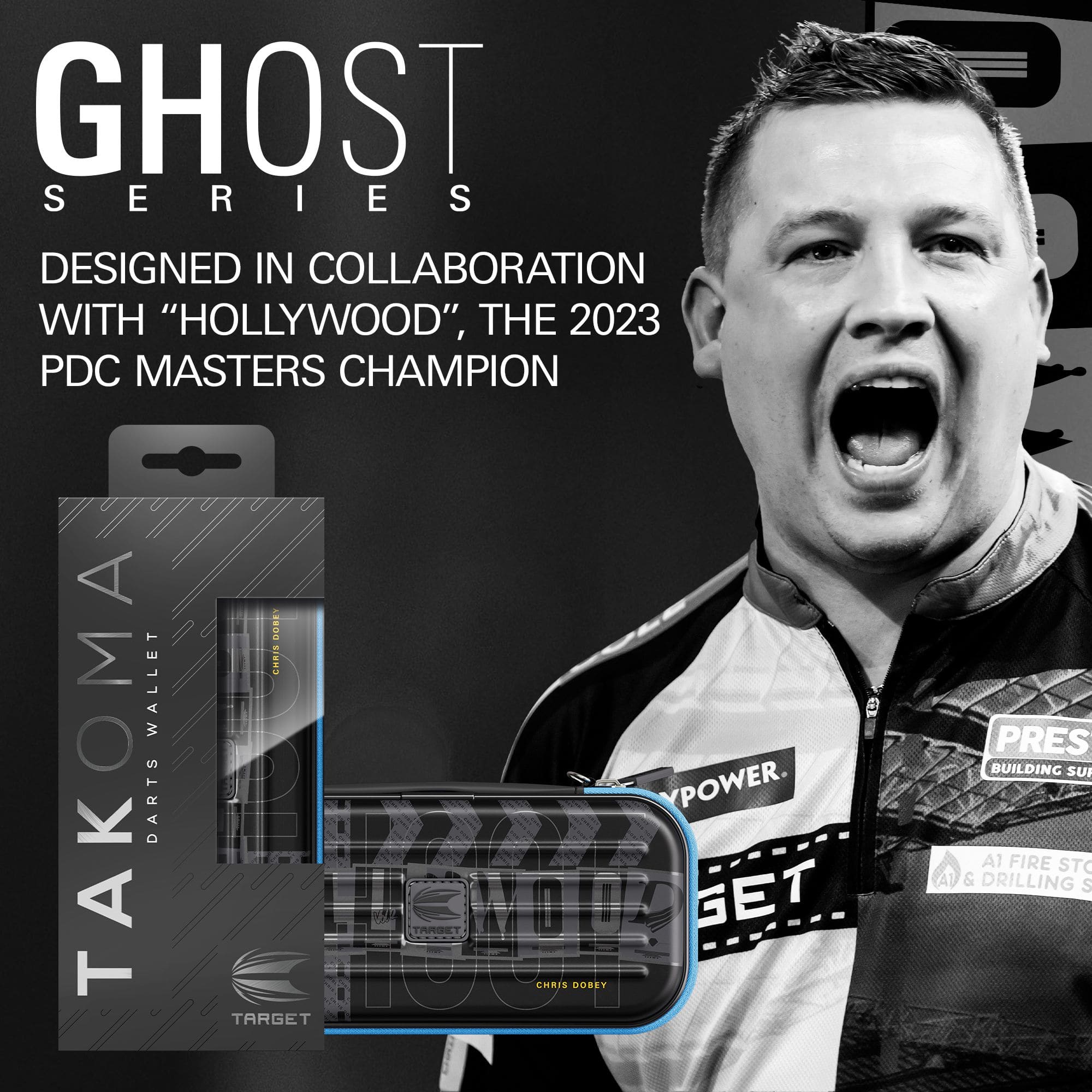 Zu sehen ist das Dartcase der Takoma Ghost Series Chris Dobey. Das Produkt wurde für Darts-Fans gestaltet und ist hochwertig verarbeitet.