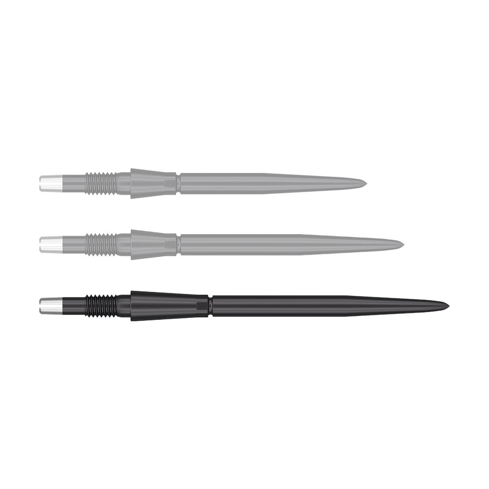 Target Swiss Storm Point Dart Tips - Black Das Bild zeigt drei schwarze Dartspitzen mit silbernen Enden. Sie sind nebeneinander in einer horizontalen Reihe angeordnet.