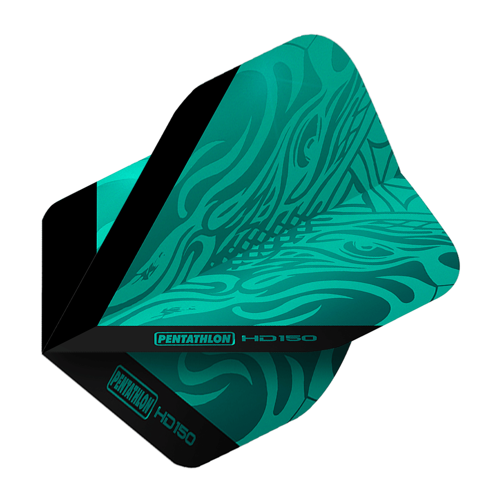 Pentathlon HD150 Metallic Aqua Standard Flights Das Bild zeigt die Pentathlon HD150 Metallic Aqua Standard Flights. Die Flights haben ein auffälliges, aqua-blaues Design mit schwarz abgesetzten Akzenten.