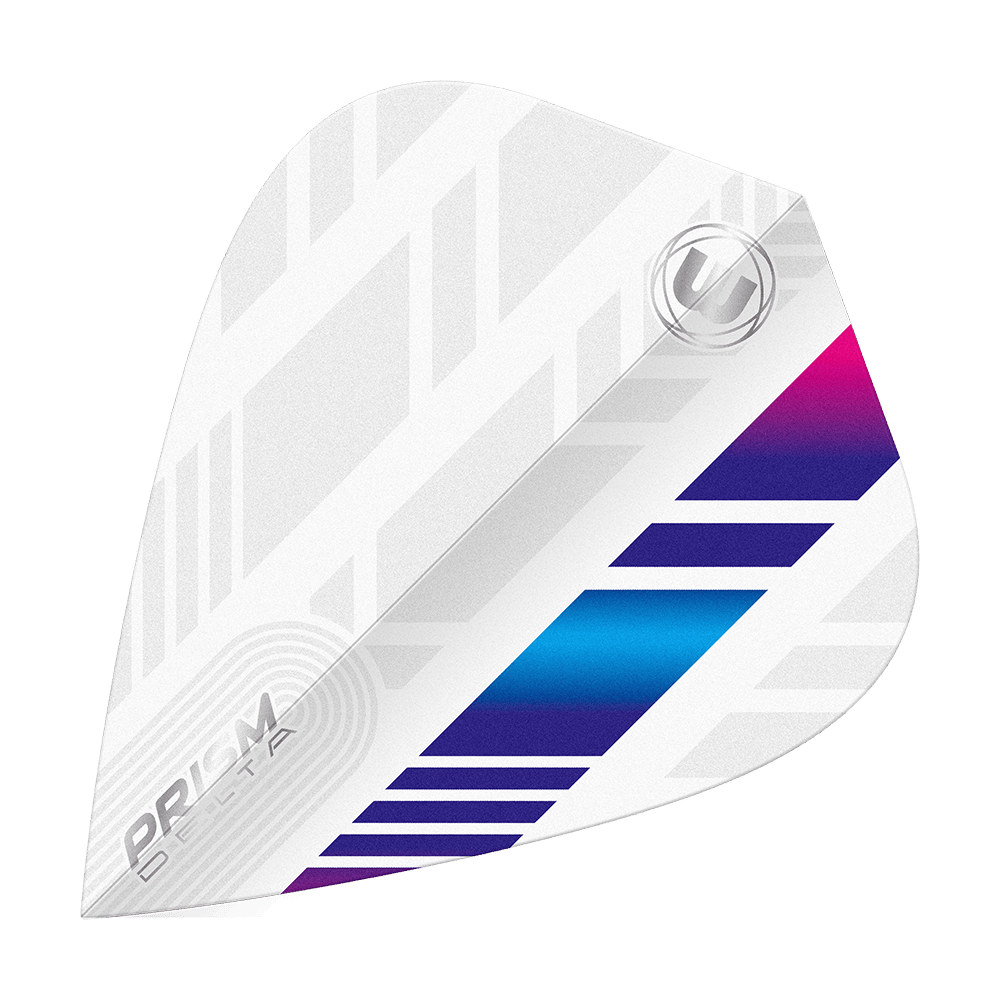 Winmau Delta White Blue Purple Kite Flights Das Bild zeigt ein weißes Dart-Flight mit blauen und violetten Akzenten. Das Design ist modern mit geometrischen Mustern und trägt die Aufschrift „PRISM DELTA“.