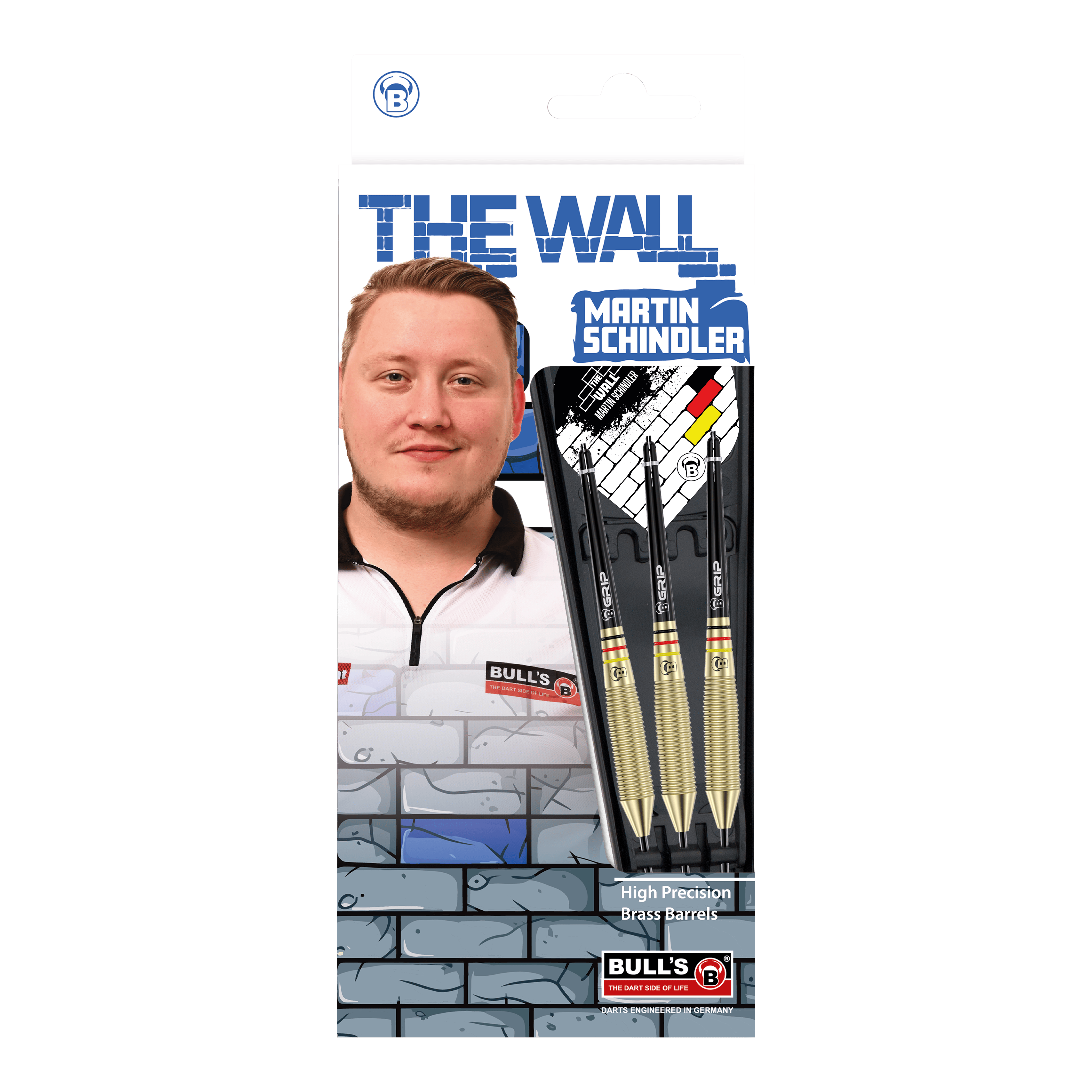 Bulls Martin Schindler The Wall Brass Steeldarts Auf dem Bild ist die Verpackung der "Bulls Martin Schindler The Wall Brass Steeldarts" zu sehen. Sie zeigt ein Foto von Martin Schindler sowie drei Steeldarts mit Messing-Barrels.