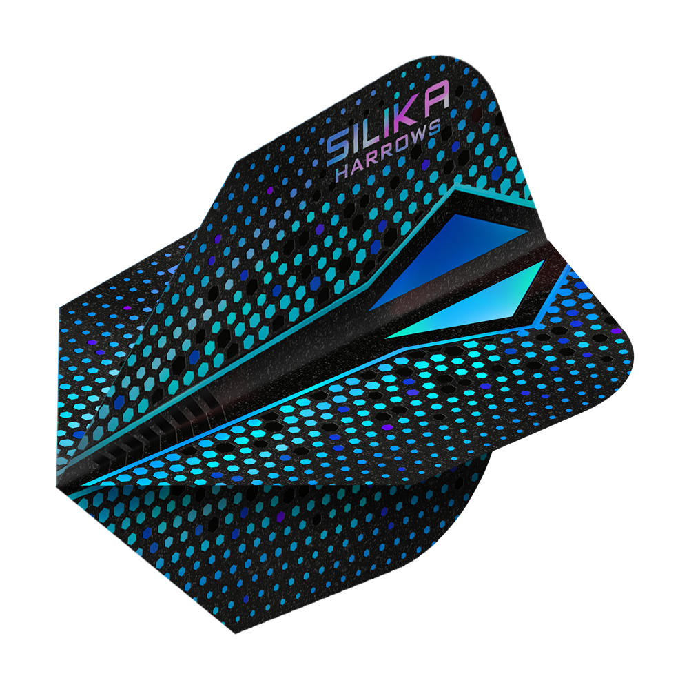 Harrows Silika Colorshift Tough Crystalline Coating Blue-X No6 Flights Das Bild zeigt einen Harrows Silika Colourshift Tough Crystalline Coating Blue-X No6 Flight. Das Dart-Flight hat ein schwarzes Design mit blauen und türkisfarbenen Punkten und geometrischen Mustern.