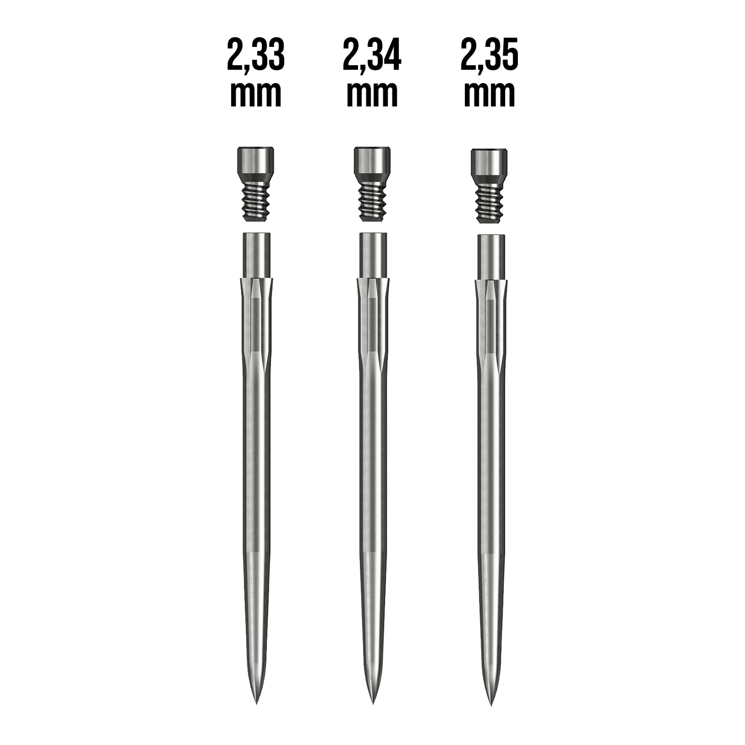 Caliburn Starter Kit Das Bild zeigt drei metallische Stifte mit unterschiedlichen Durchmessern: 2,33 mm, 2,34 mm und 2,35 mm. Sie gehören zum Produkt "Caliburn Starter-Kit."