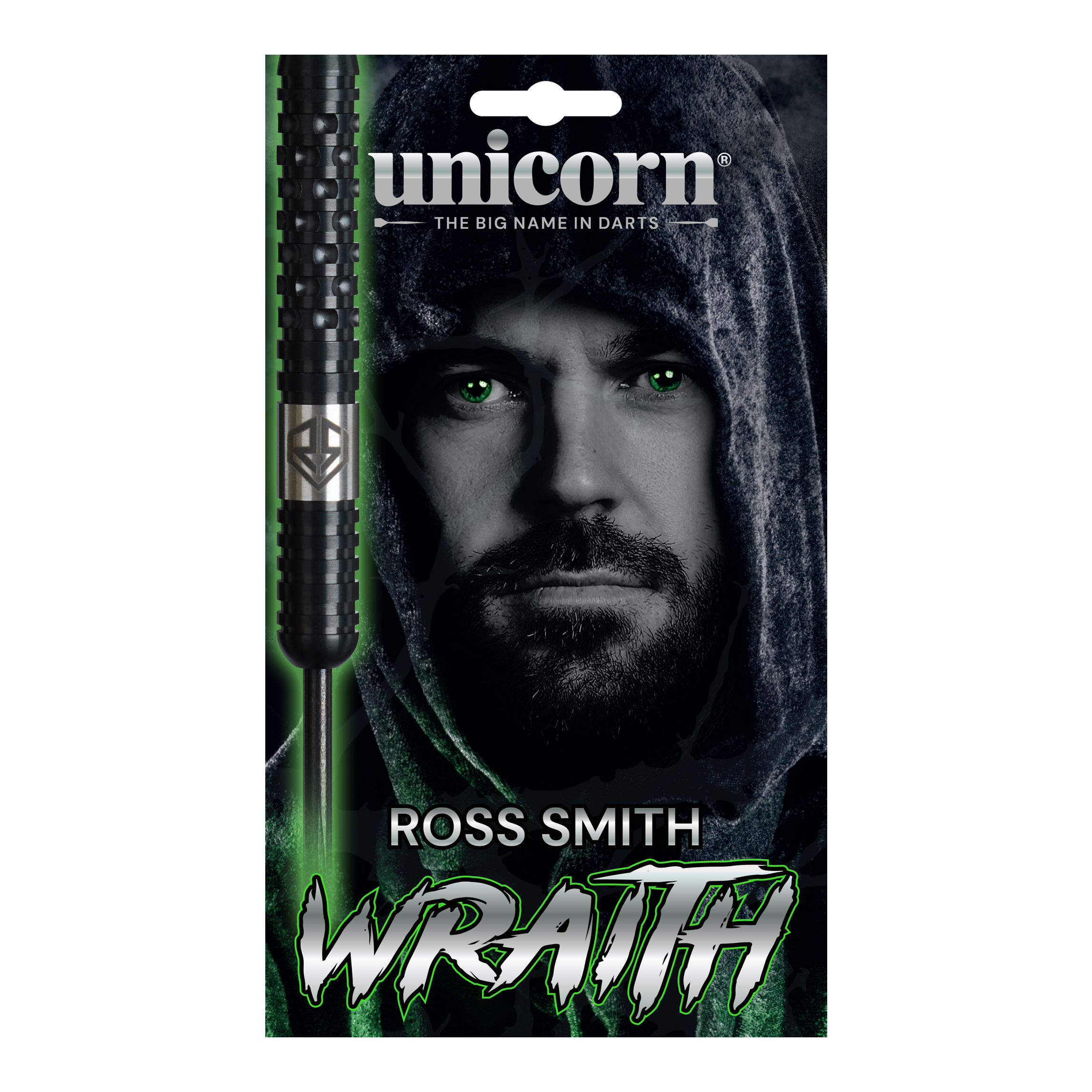 Das Bild zeigt die Unicorn Wraith Ross Smith Steeldarts mit 22 Gramm Gewicht. Dieses Dartset ist für den professionellen Gebrauch geeignet.