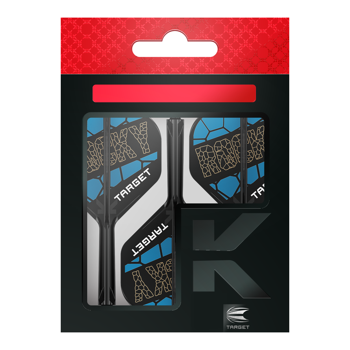 Target K-Flex Josh Rock No2 Standard Flight Shaft System Das Bild zeigt das Produkt "Target K-Flex Josh Rock No2 Standard Flight-Shaft-System" in seiner Verpackung. Die Flights sind schwarz, blau und weiß gestaltet und tragen den Schriftzug "ROCKY" sowie "TARGET".