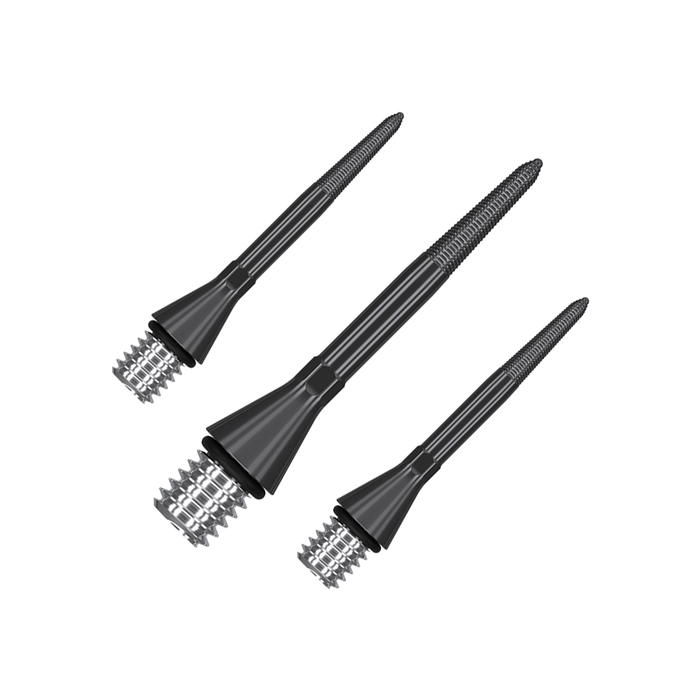 380160_Target_Titanium_Swiss_Point_Nano_Conversion_Points_Schwarz_26mm_1 Dartspitzen-Set mit glatter, metallischer Oberfläche. Die Spitzen liegen symmetrisch nebeneinander.